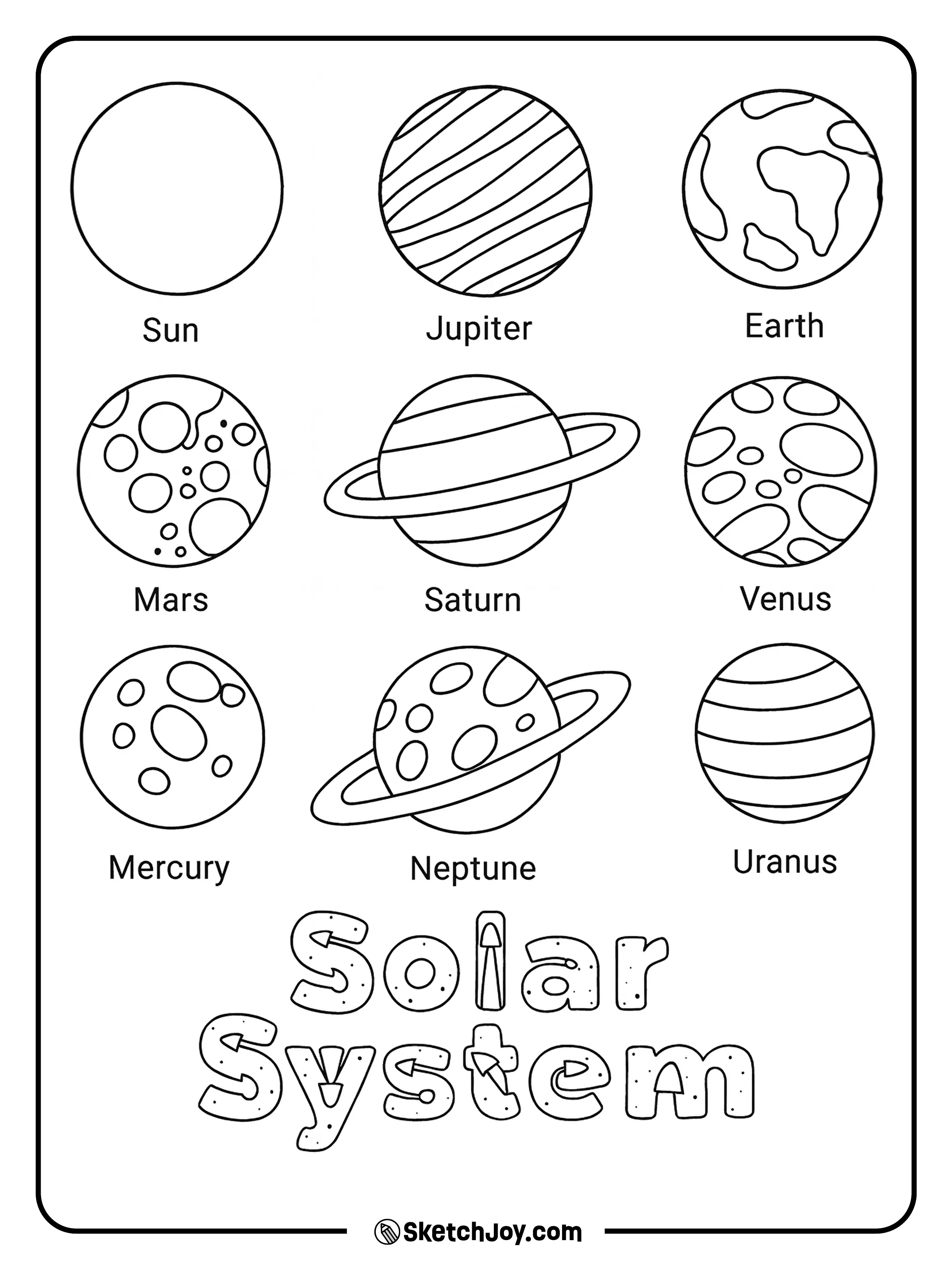 A clear and simple showcase of all 8 planets and the Sun in individual circles, each with a unique design.