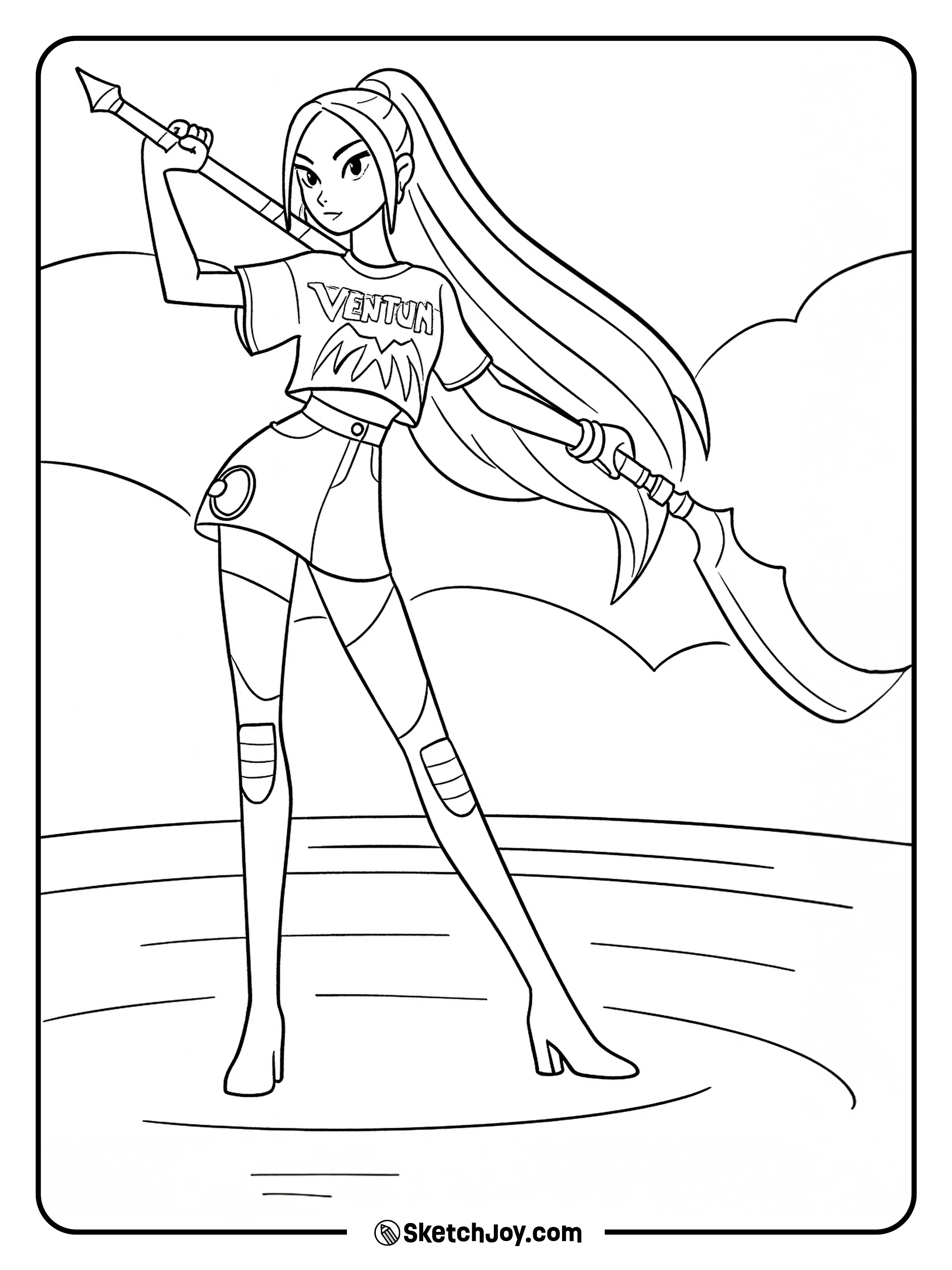 Mira stands ready, long ponytail flowing and polearm in hand.