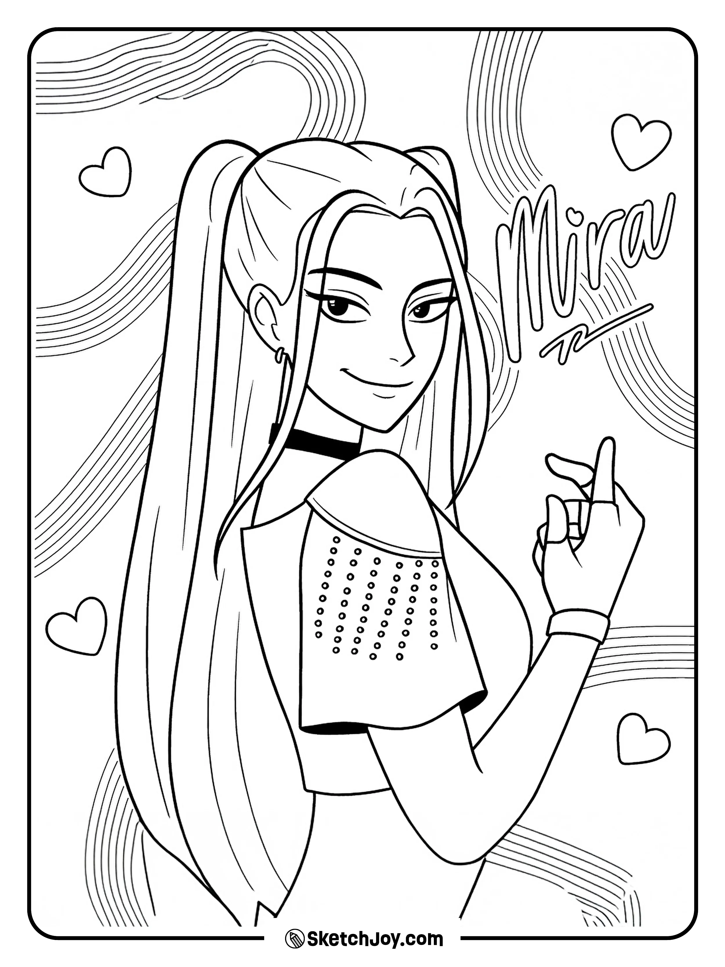 Mira smiles over her shoulder, making a finger-heart.