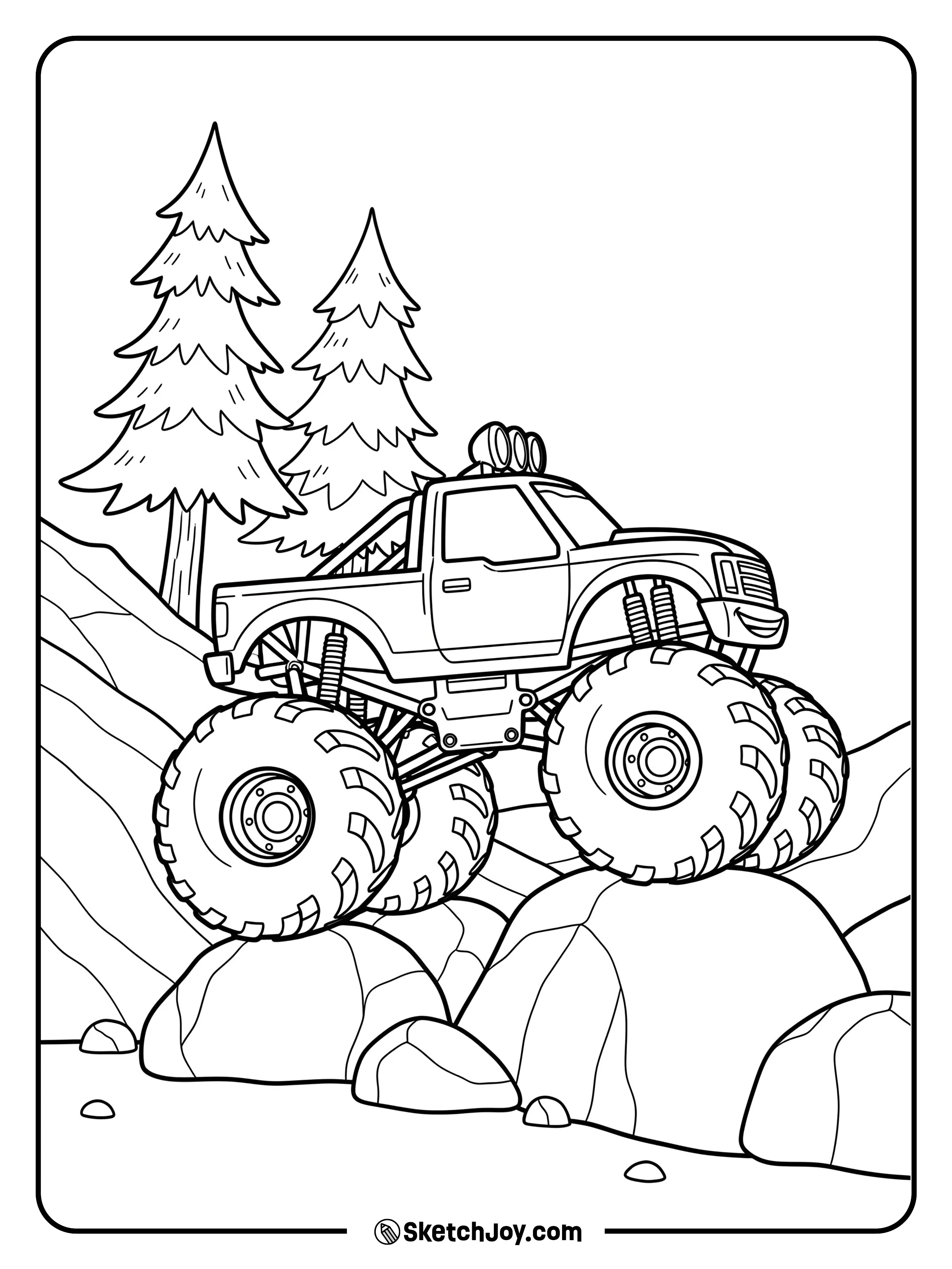 A monster truck scaling a rocky path.