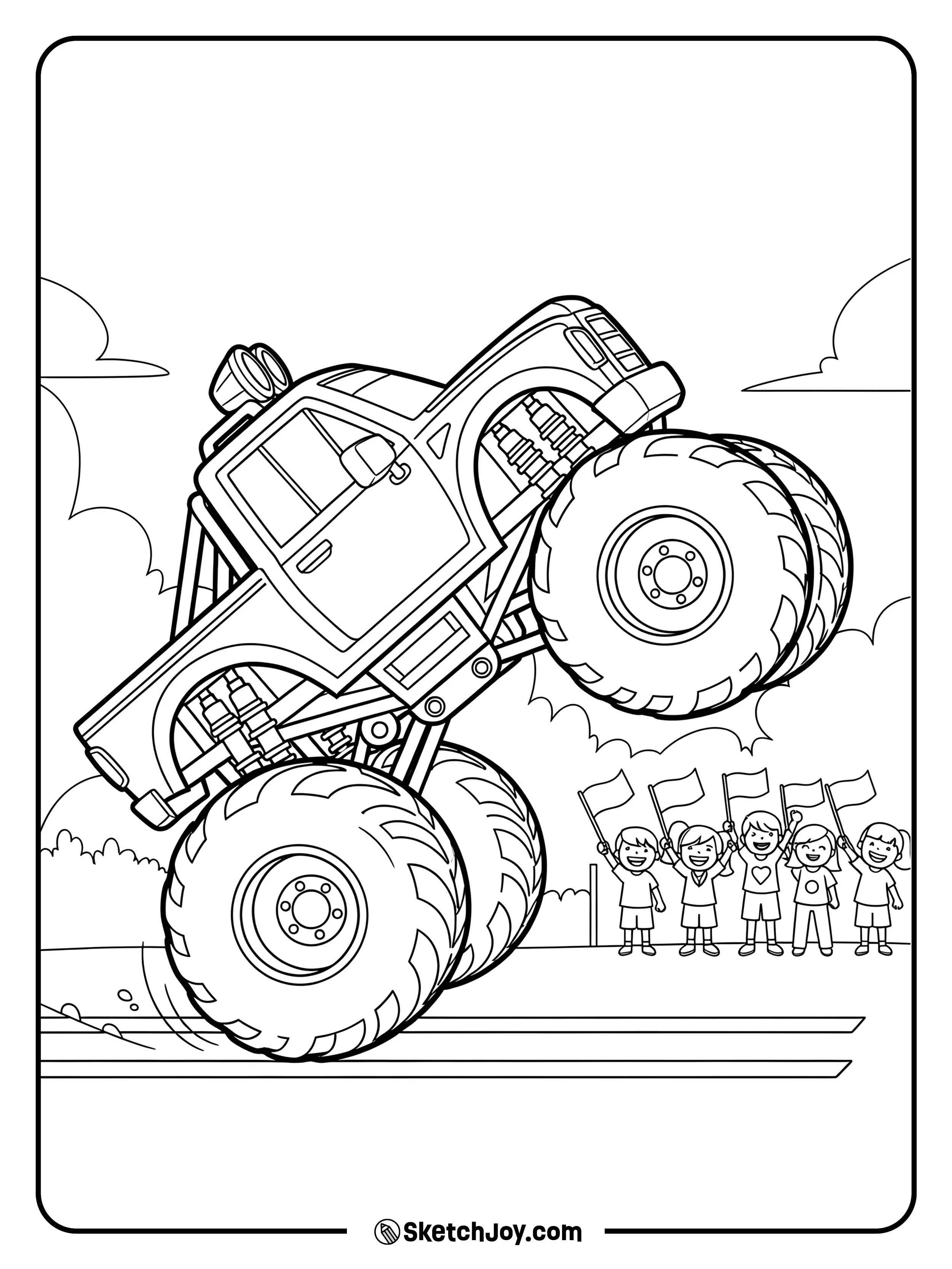 A monster truck lifting its front wheels off the ground.
