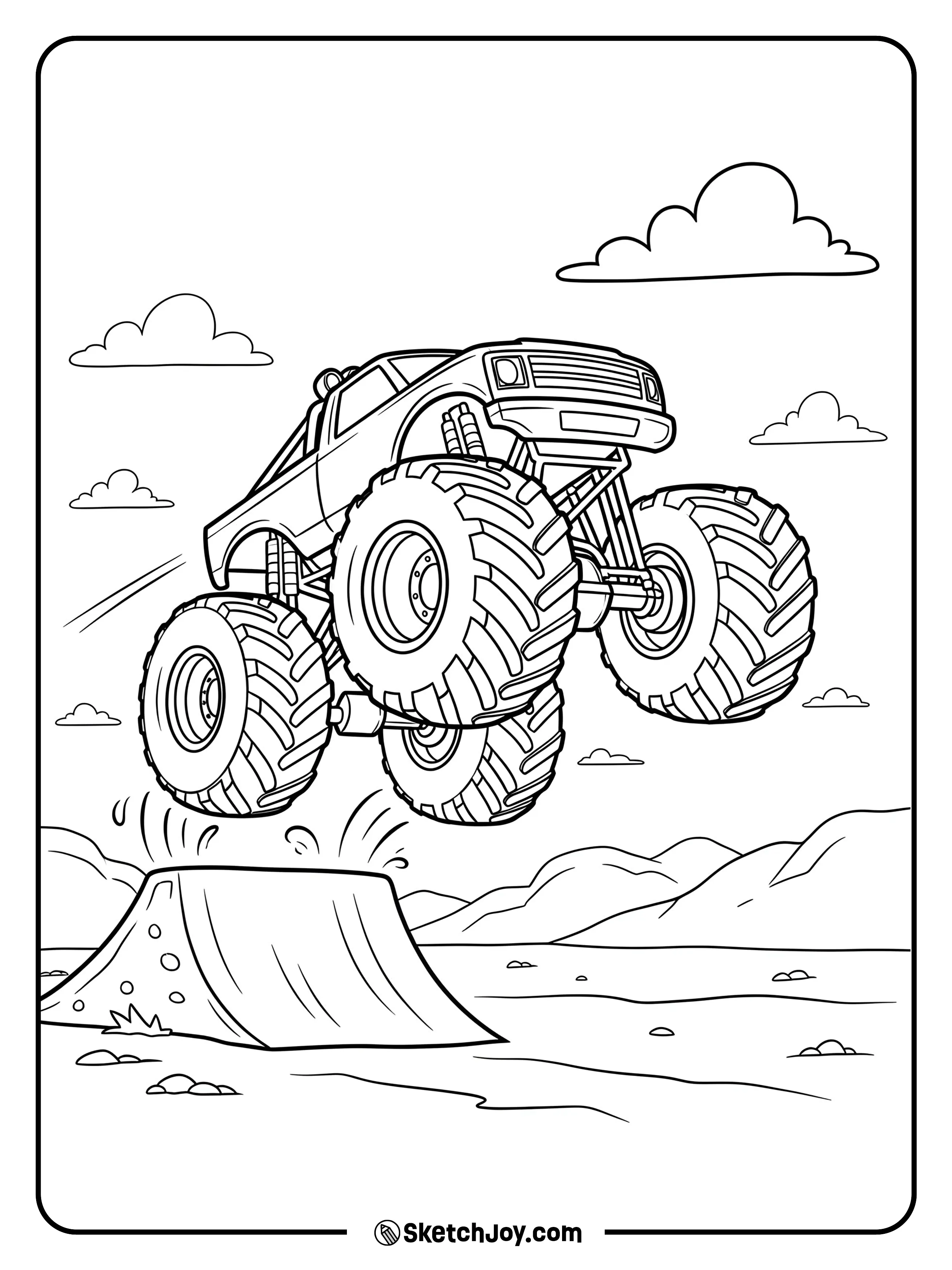 A monster truck soaring through the air after hitting a dirt ramp.