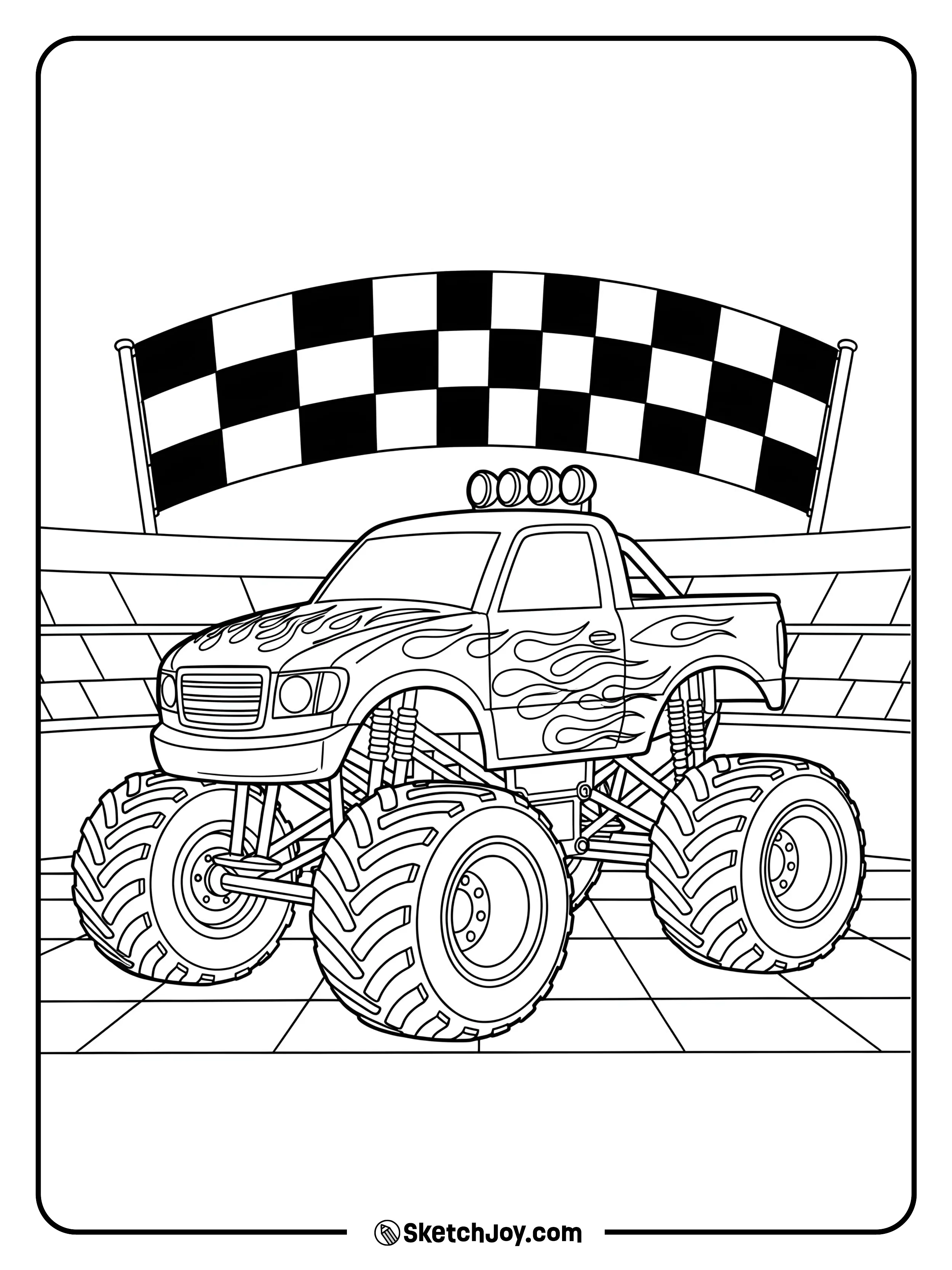 A decorated monster truck with flame patterns.