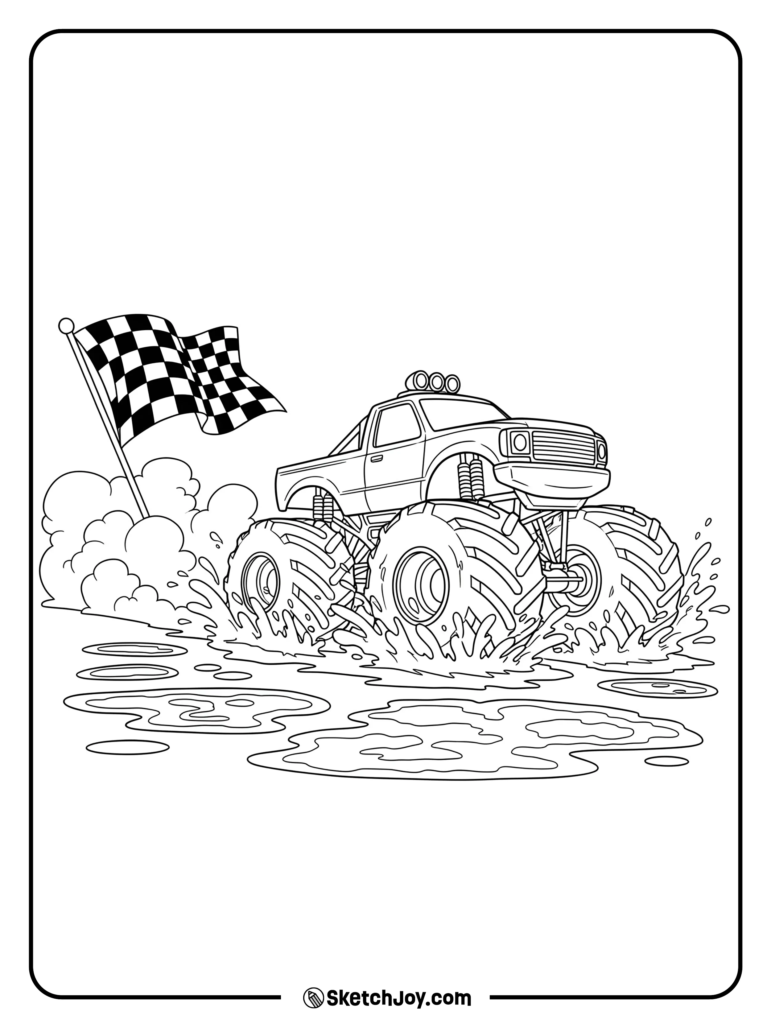 A monster truck speeding through a muddy track.