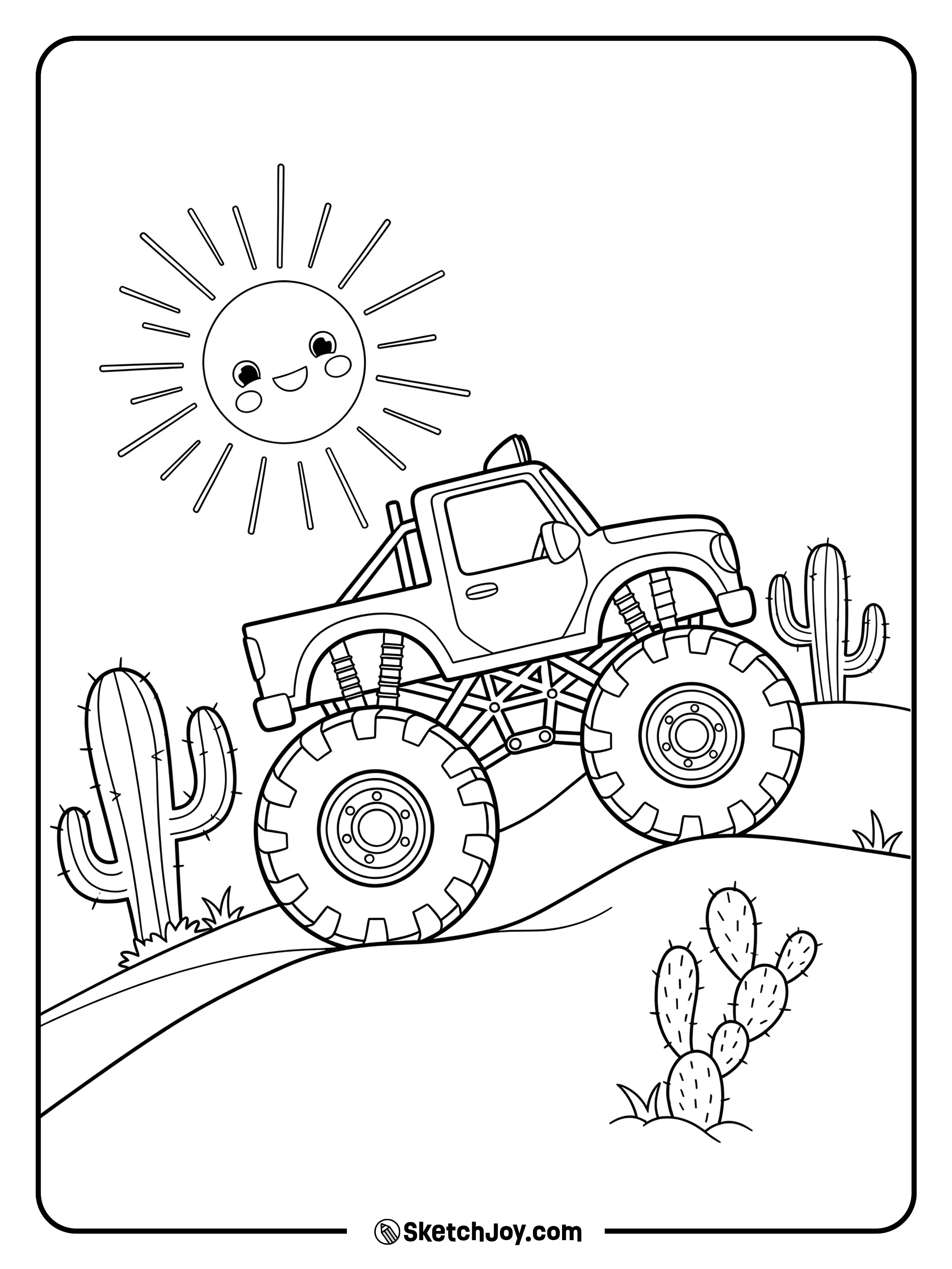 A monster truck racing on sandy hills.