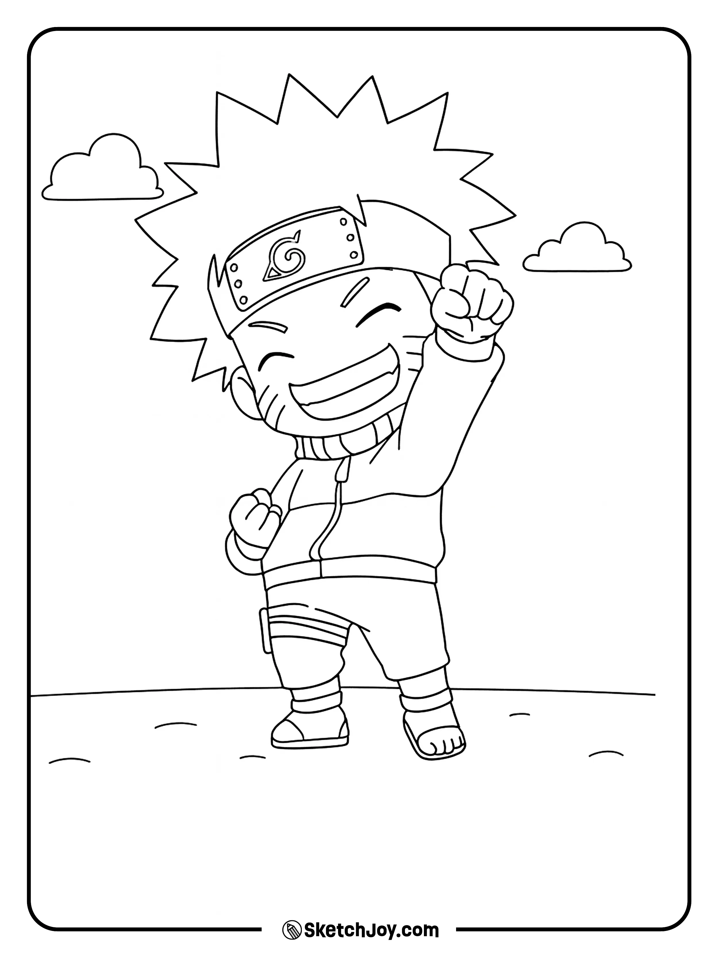 Naruto raises his fist in excitement, showing his cheerful and victorious spirit.