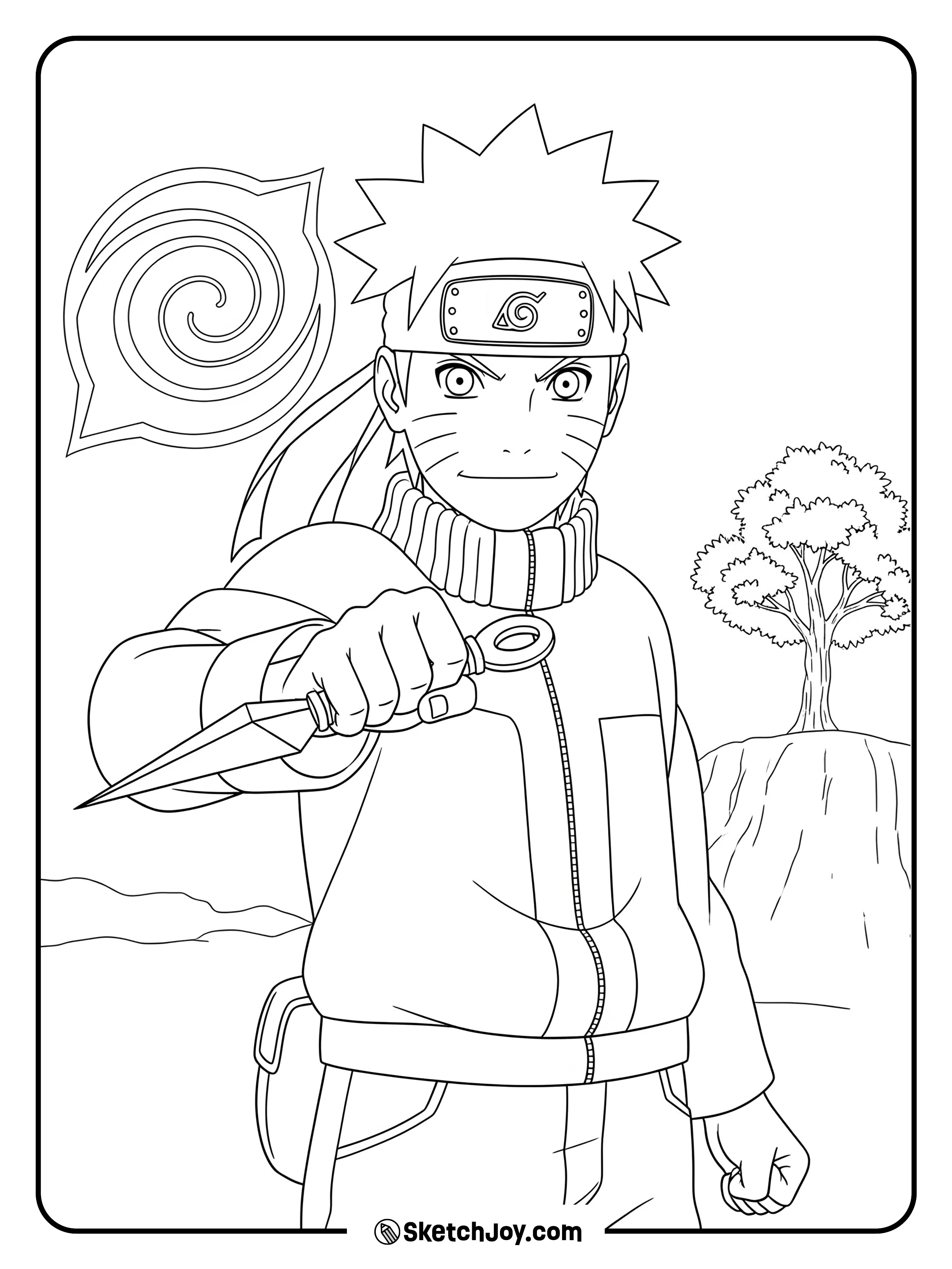 Naruto holds a kunai with focus in his eyes, striking a light action pose.