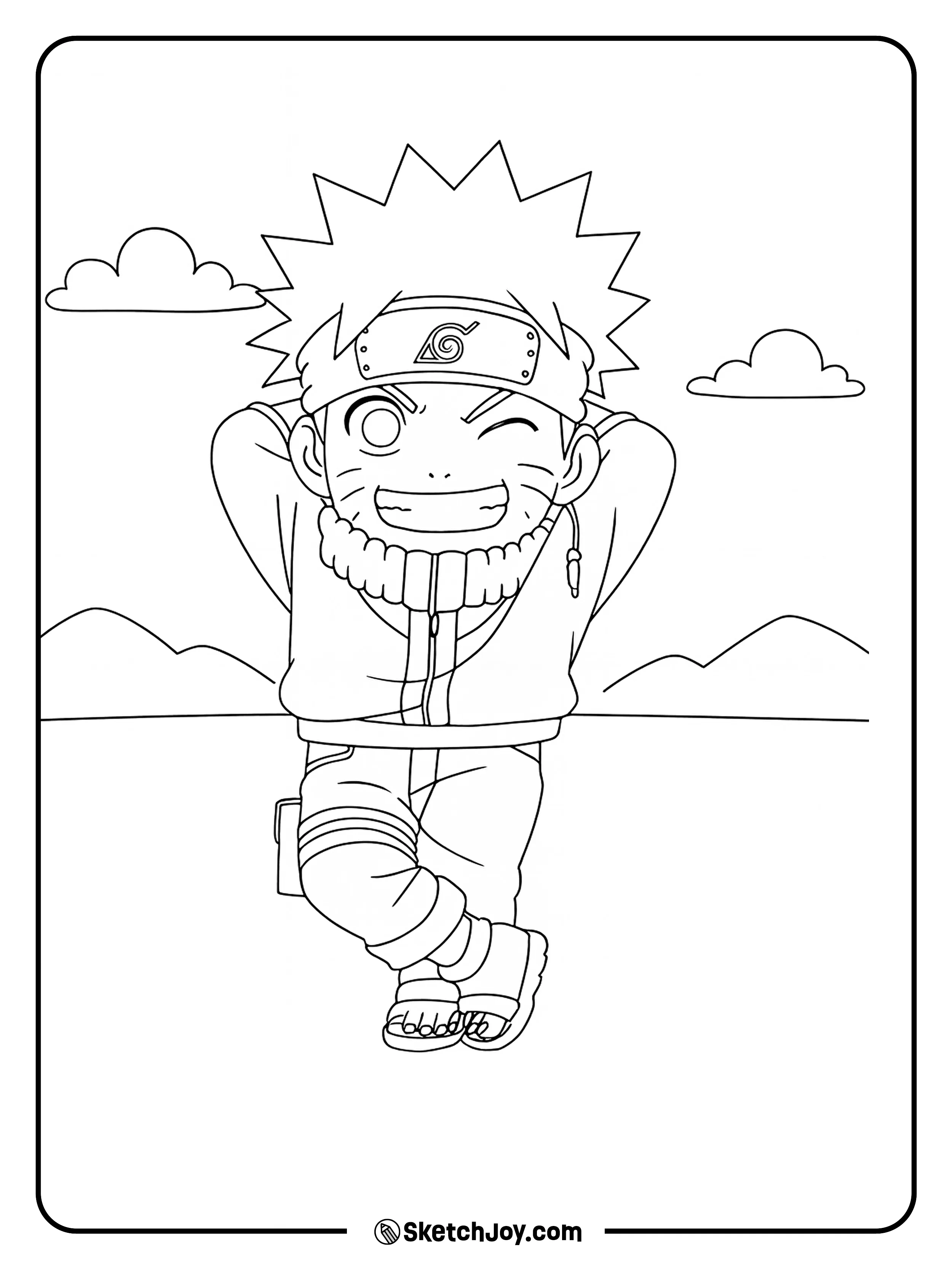 Naruto leans back with a carefree wink and grin, standing confidently with a peaceful background.