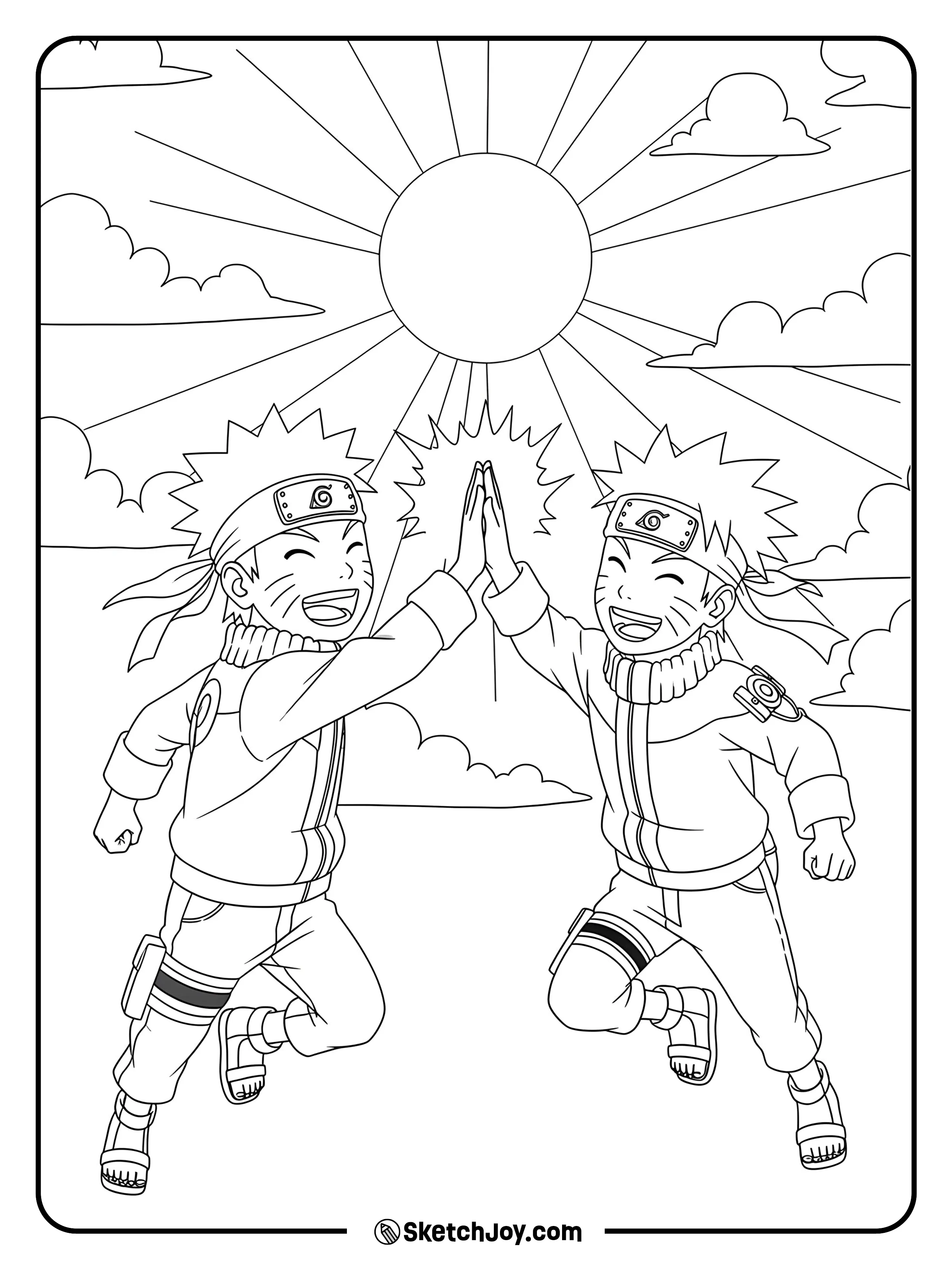 Naruto and his clone give each other a fun high-five.