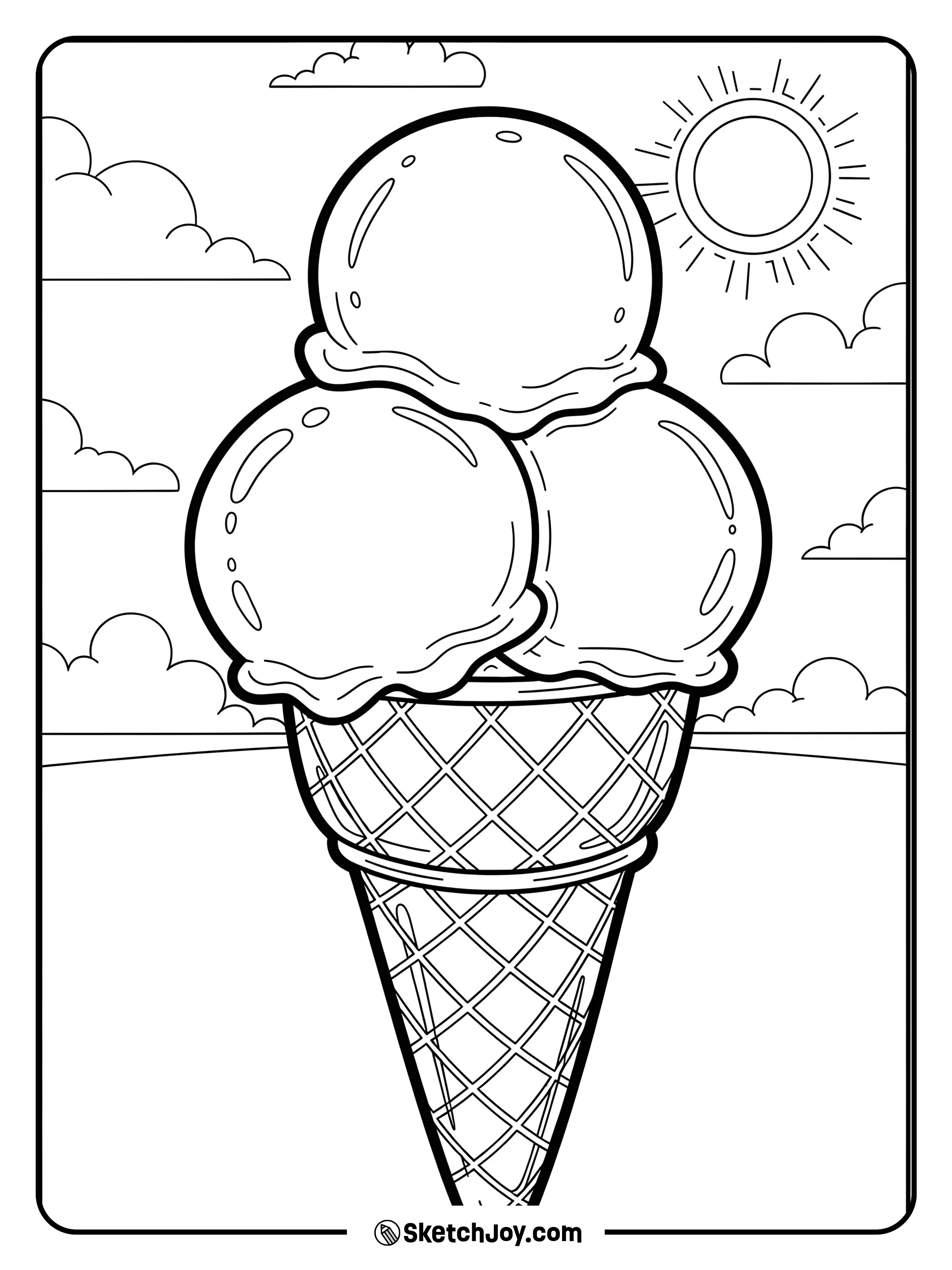A triple-scoop cone of Neapolitan (chocolate, vanilla, and strawberry), stacked neatly.