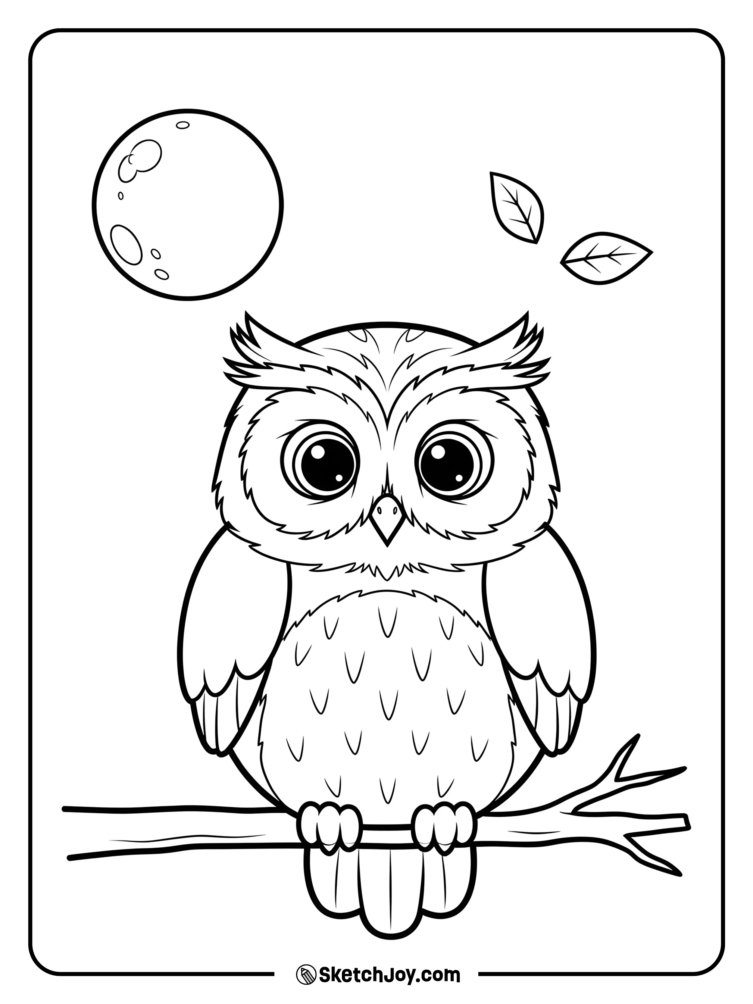 A round-eyed owl perches on a branch.