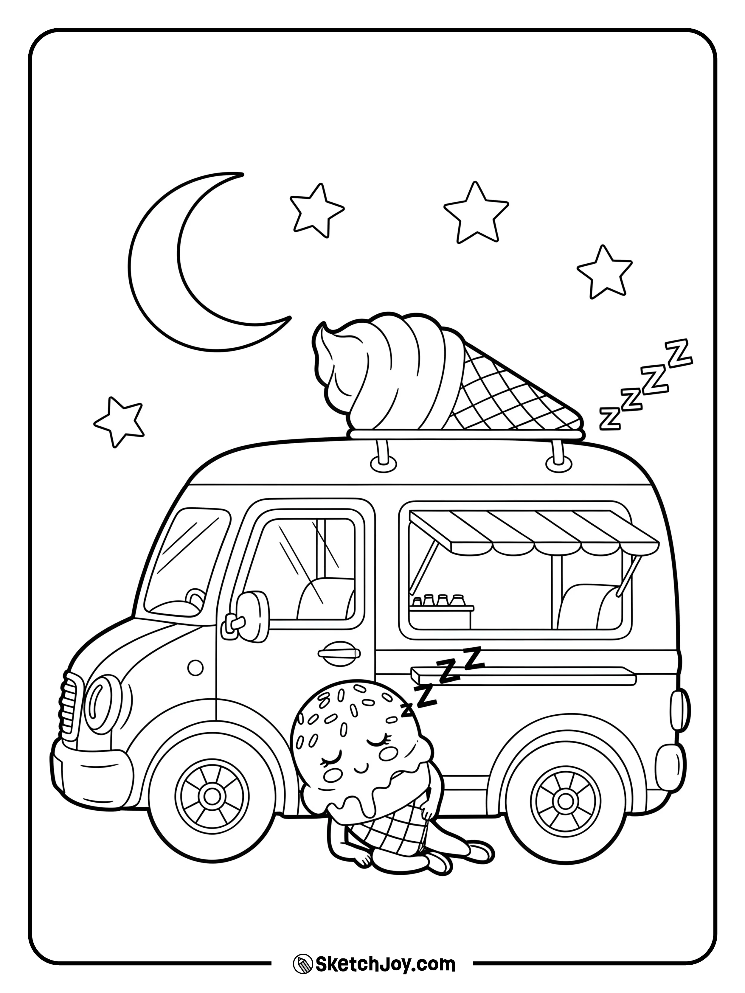 An ice cream truck parked under the moon and stars with a single sleeping cone leaning on it.