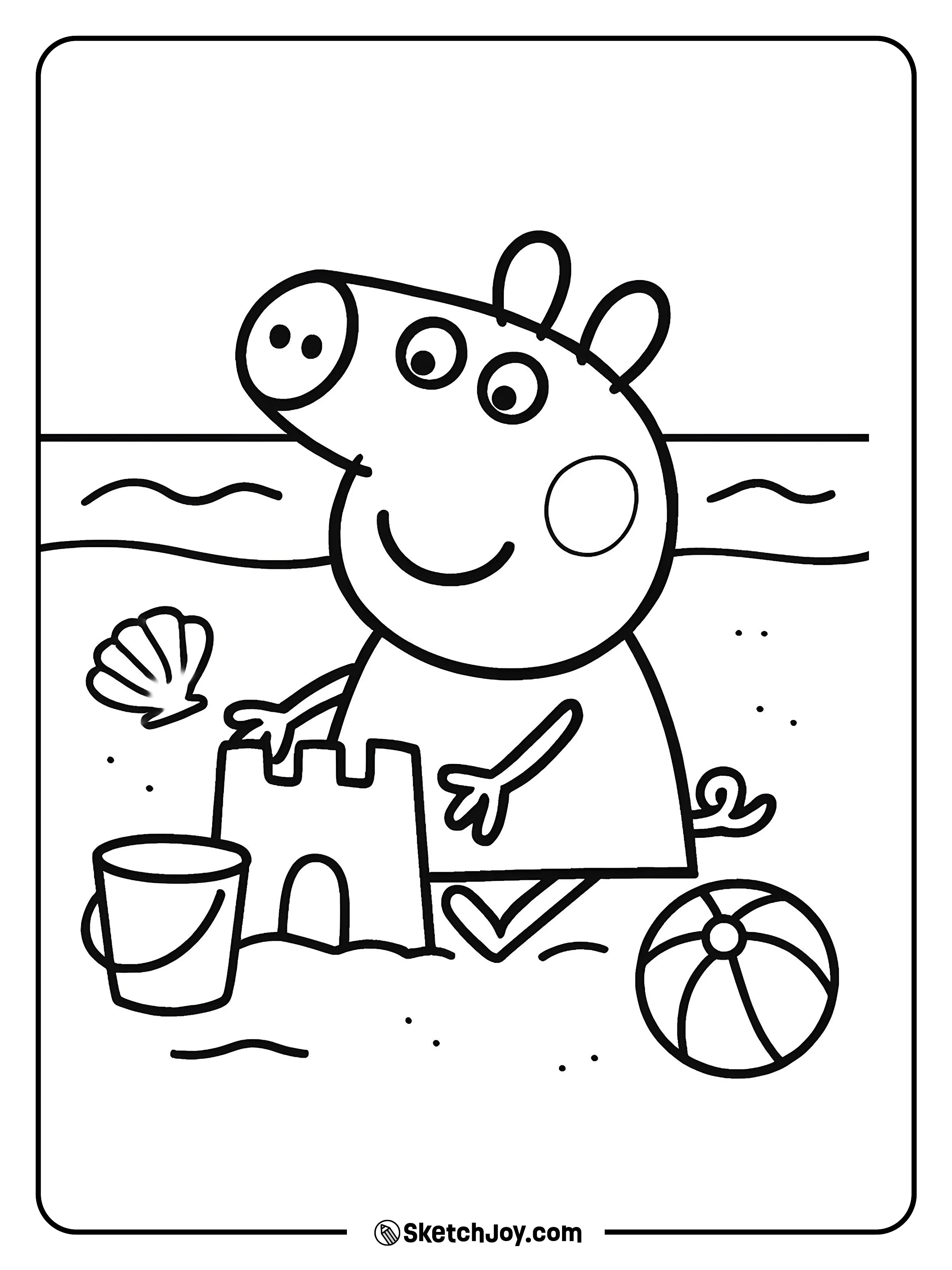 Peppa is at the beach building a lovely sandcastle.