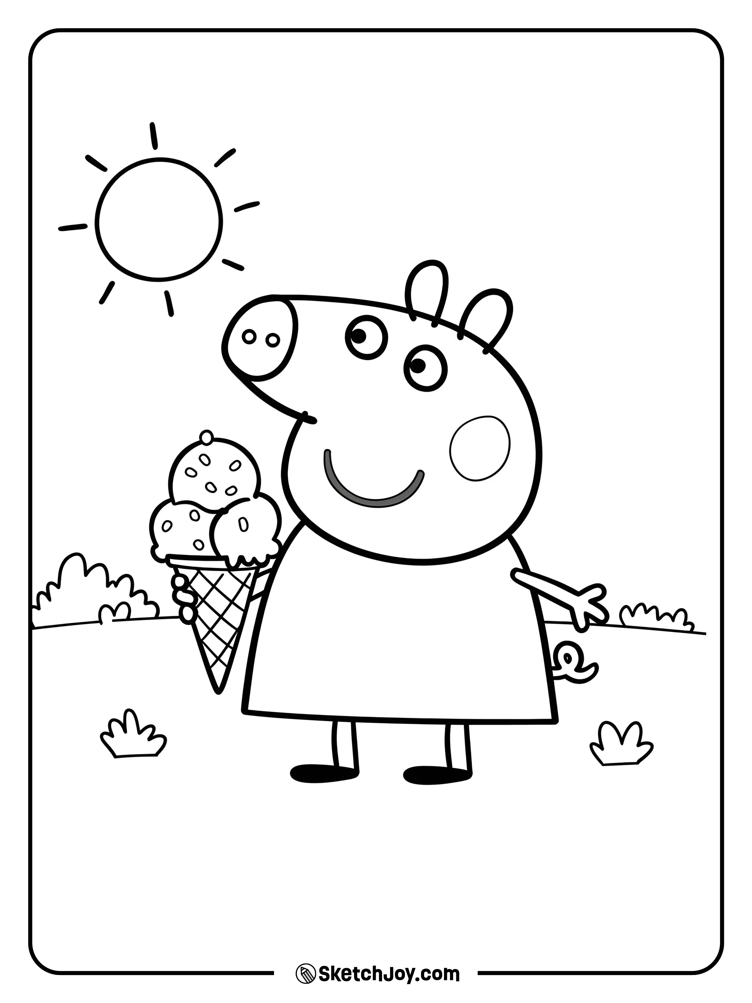 Peppa is enjoying a yummy ice cream on a sunny day.
