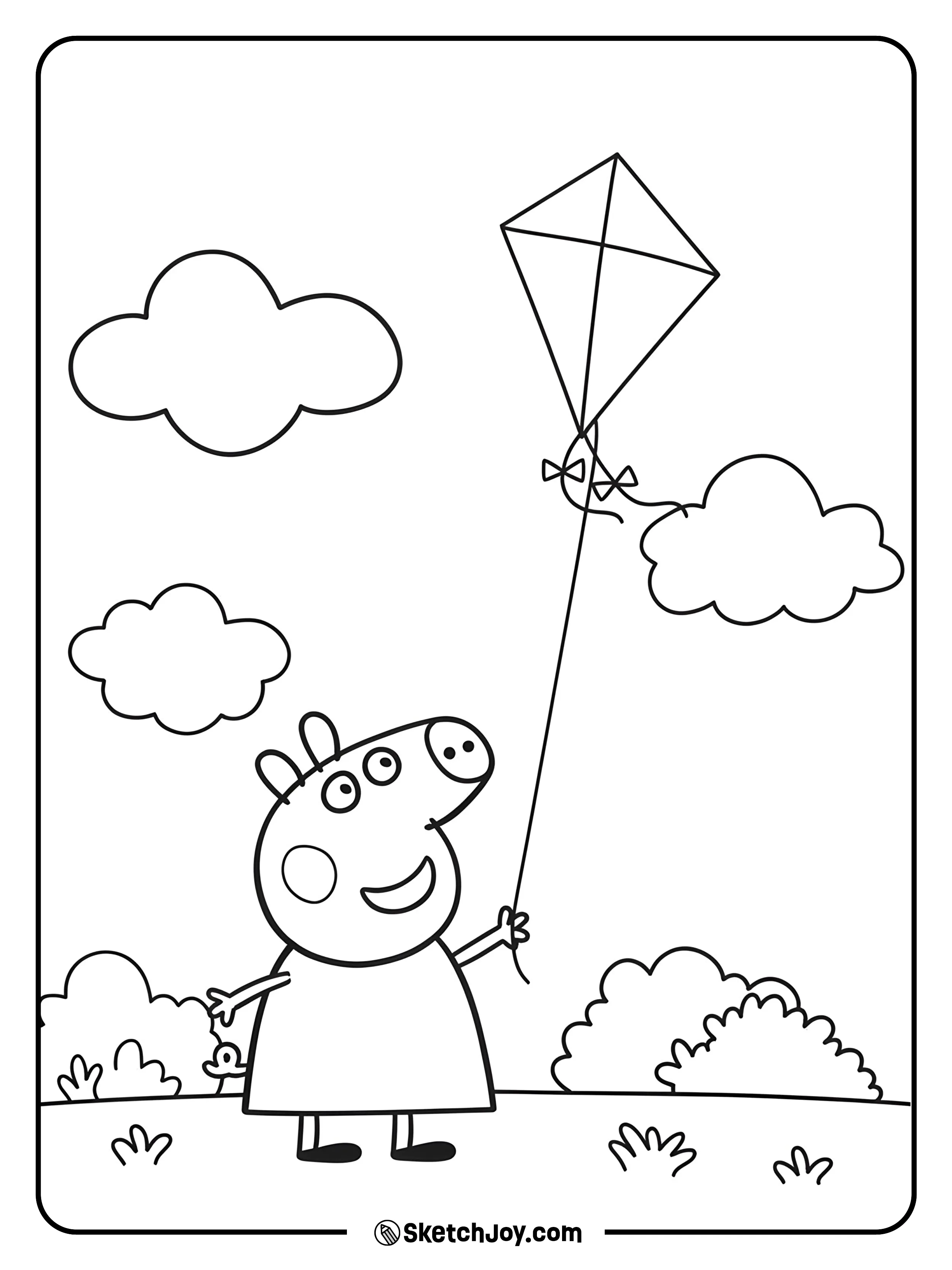 Peppa is having fun flying her kite on a breezy day.