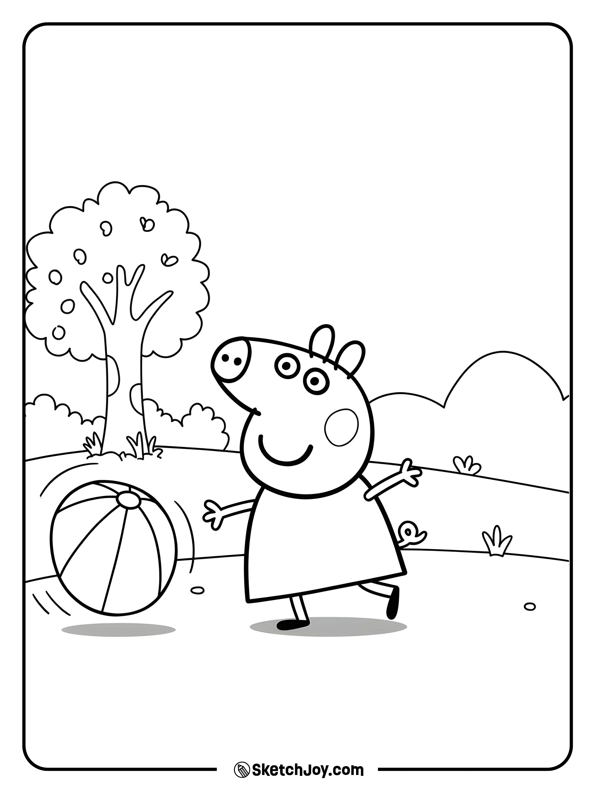 Peppa is outdoors playing with her favorite ball.