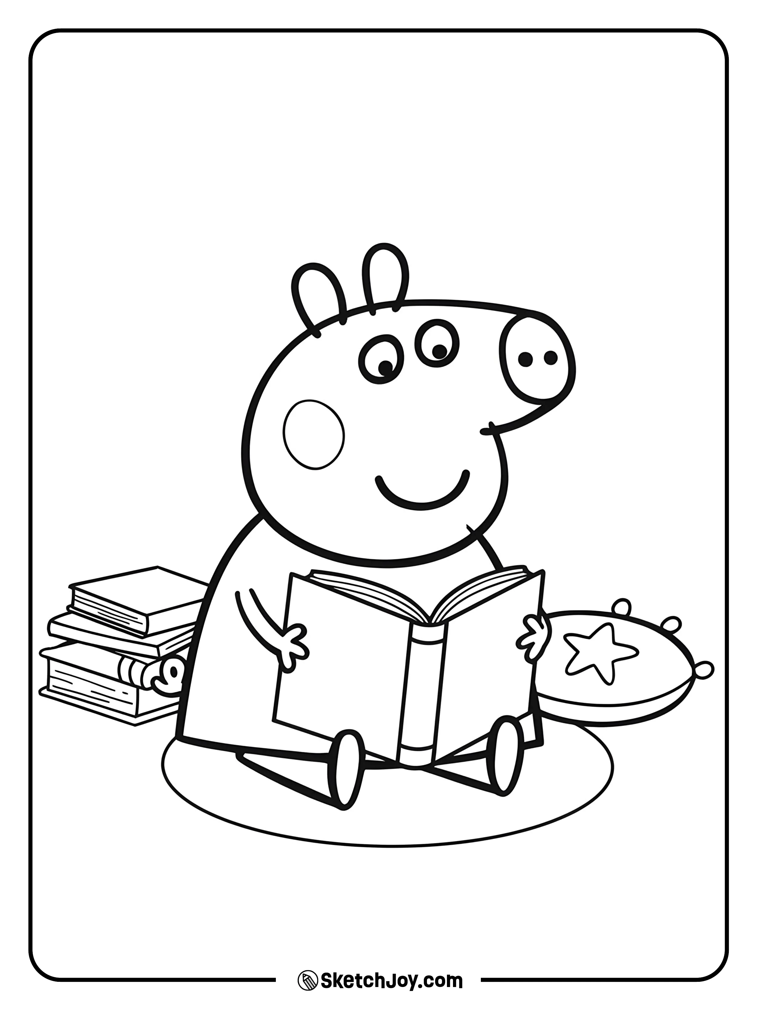 Peppa is enjoying a quiet time with her favorite storybook.