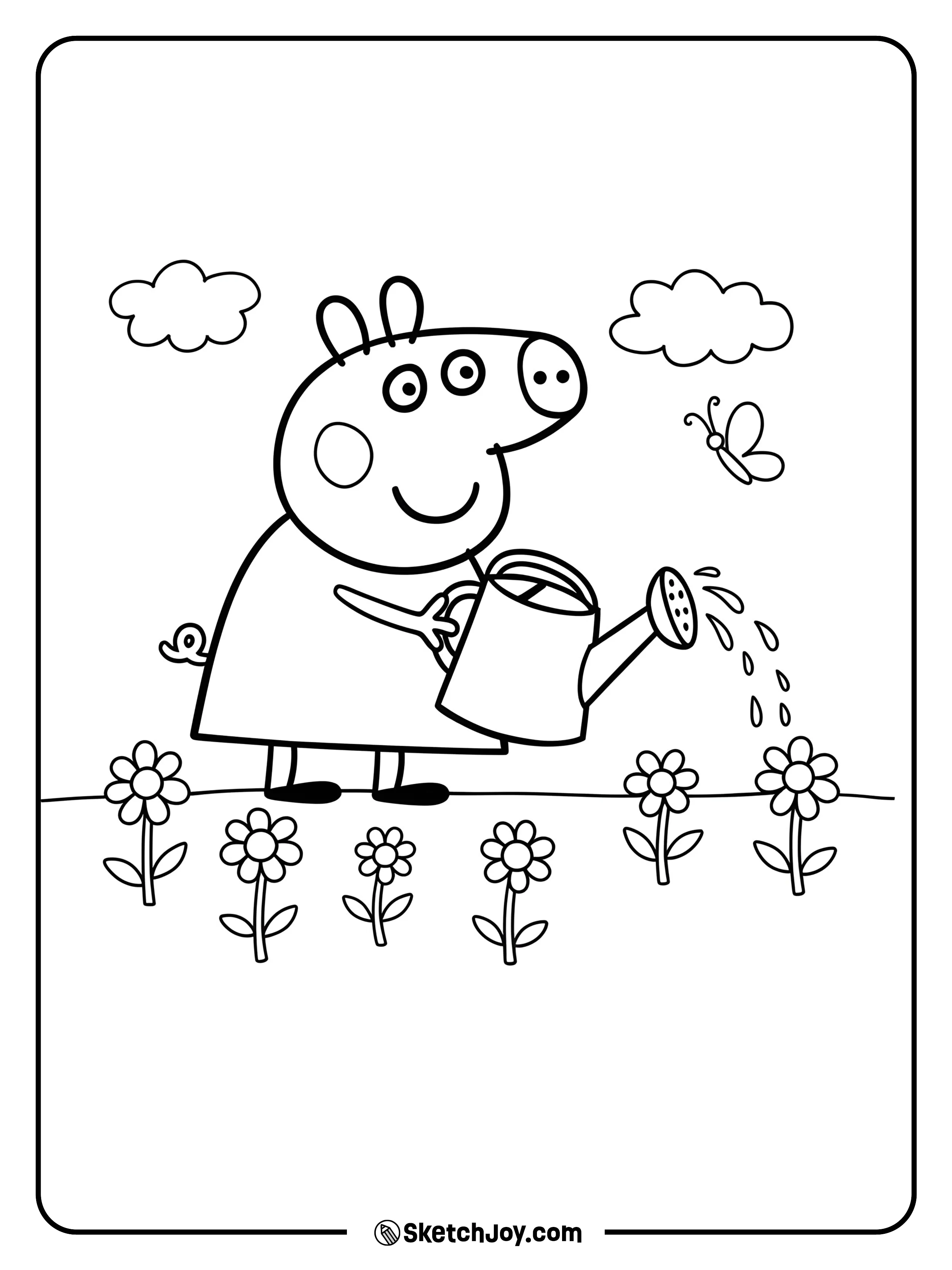 Peppa is helping in the garden by watering the flowers.