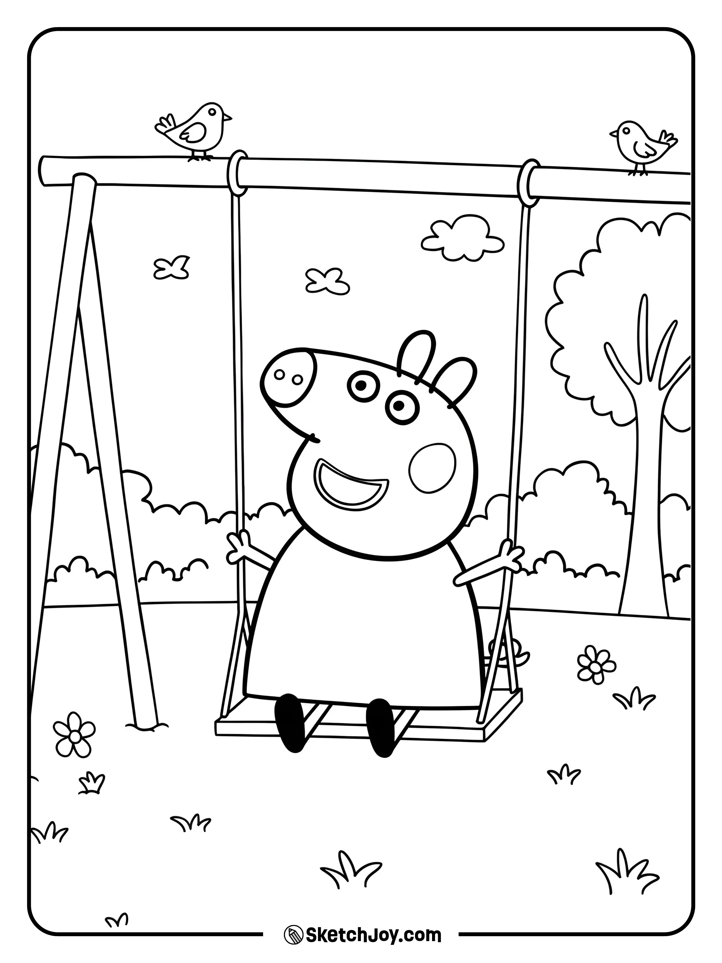 Peppa is swinging back and forth at the playground.