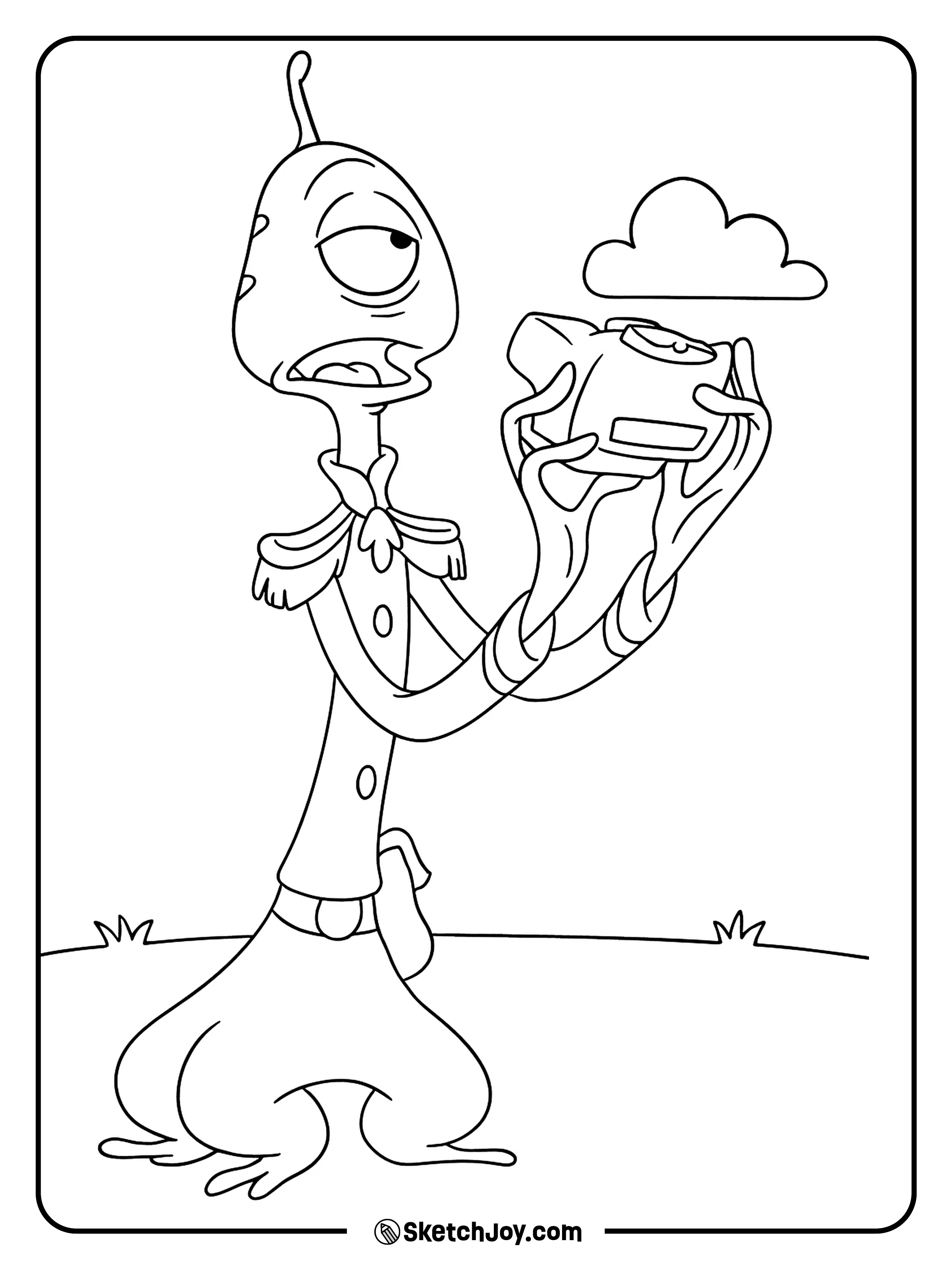 Pleakley puzzled while holding a camera