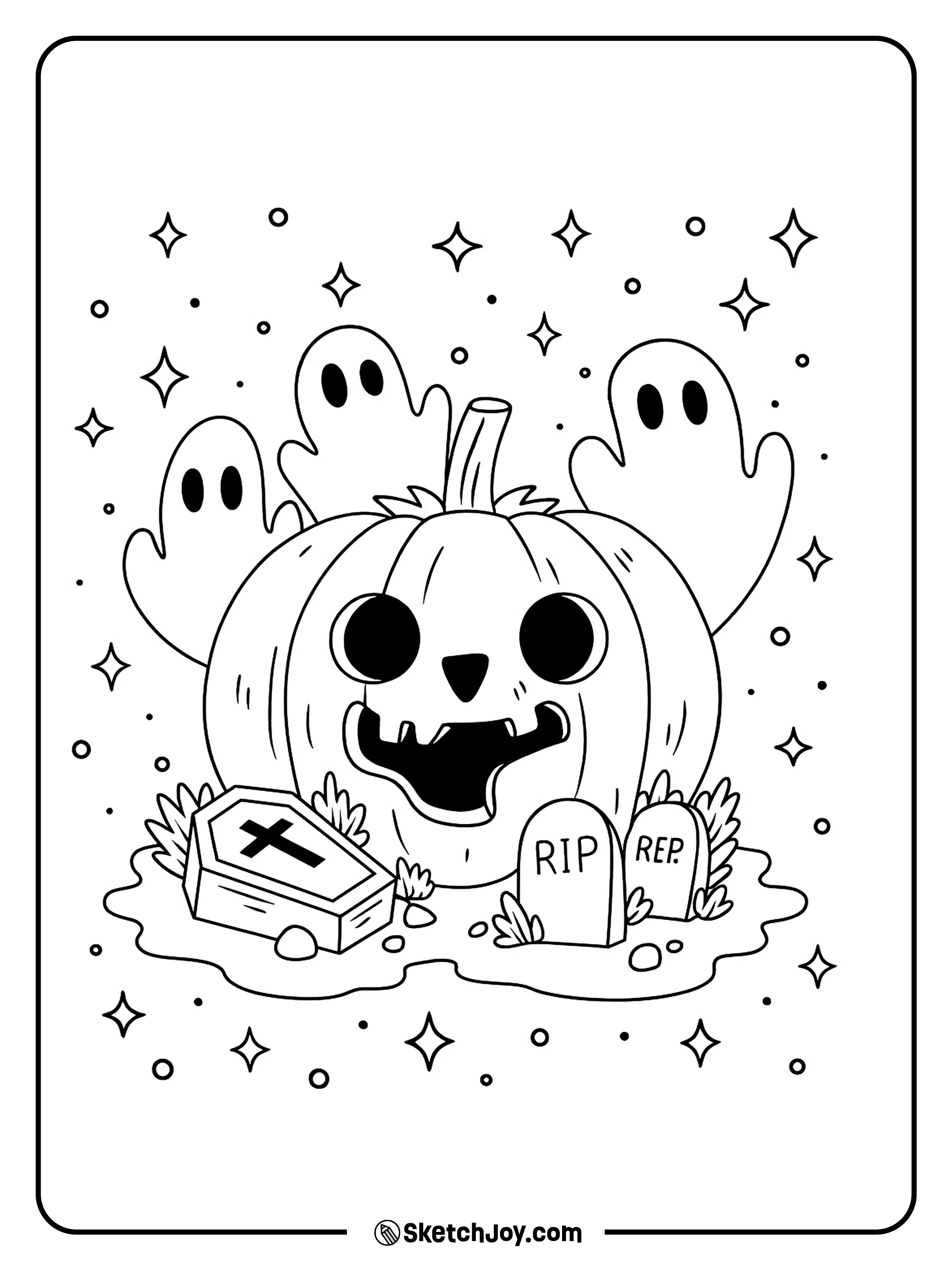 A large jack-o’-lantern with a wide mouth and round eyes sits in a graveyard.
