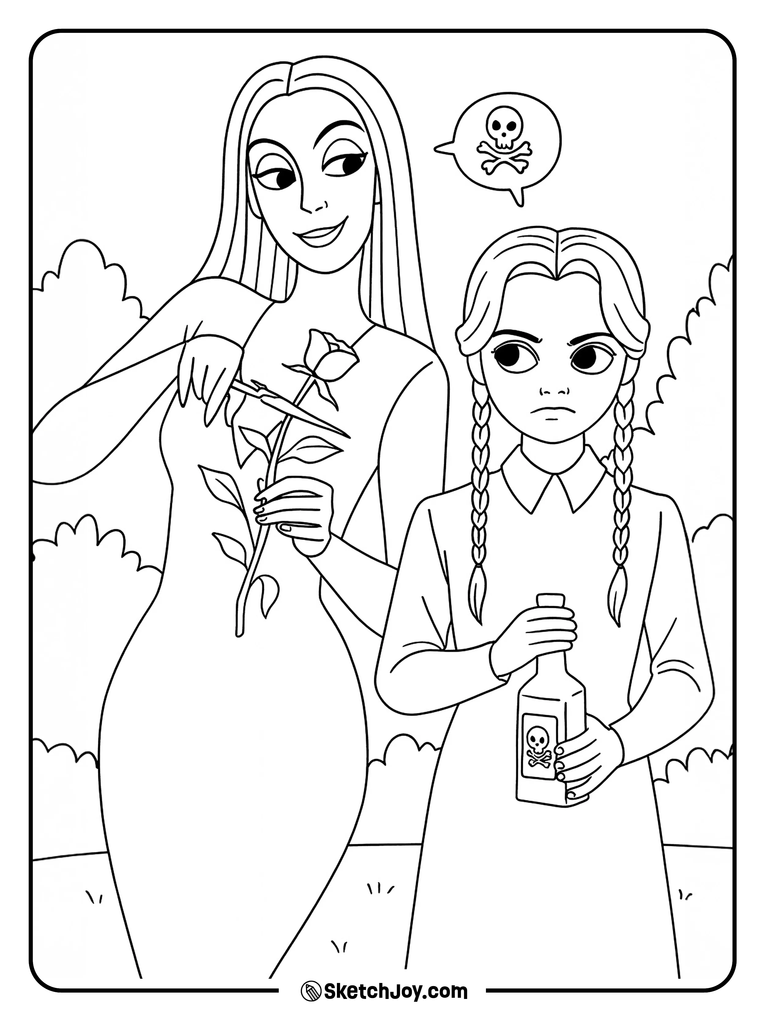 Morticia guides Wednesday in arranging a single rose.
