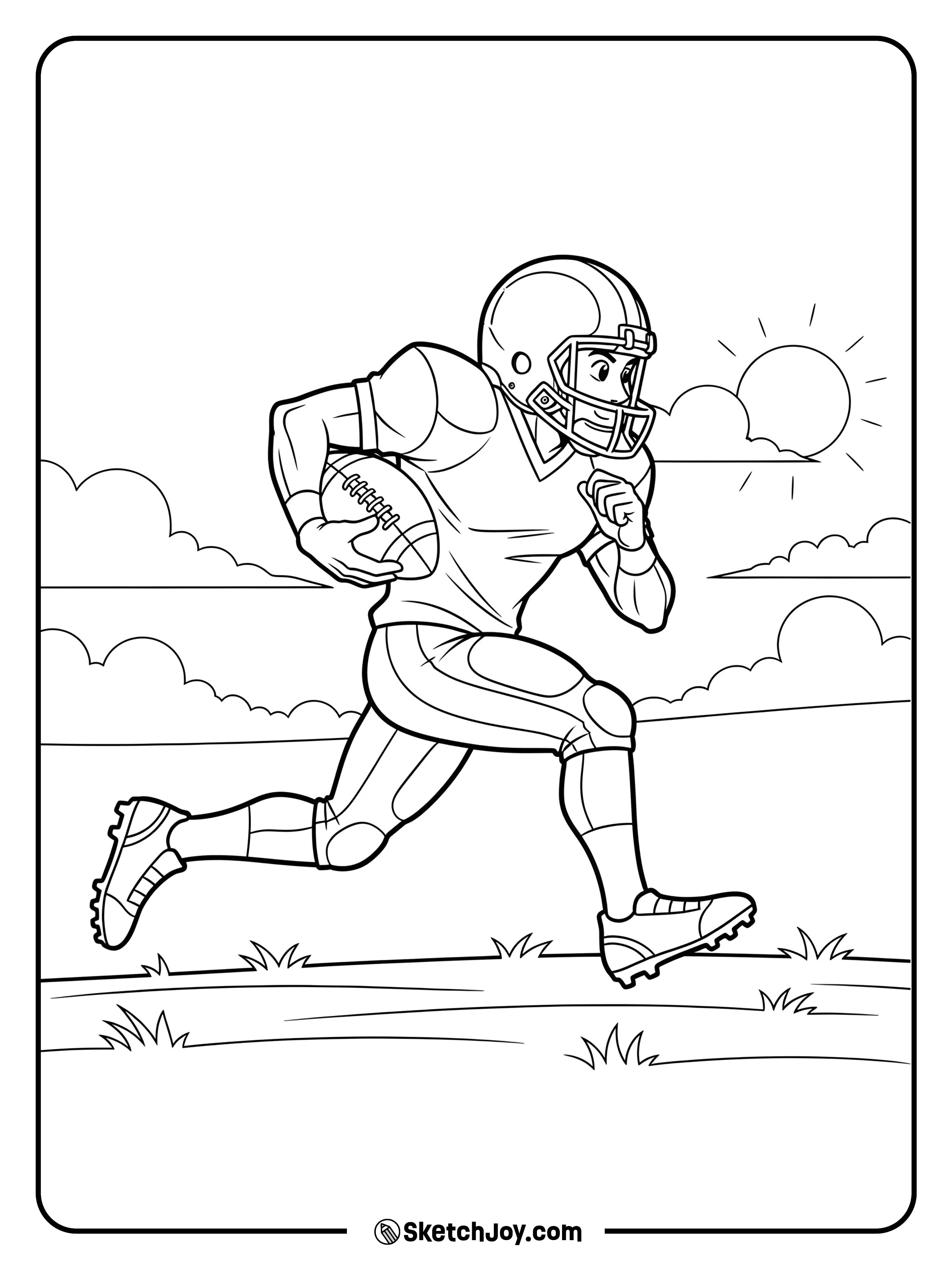 A football player holding the ball and running forward.