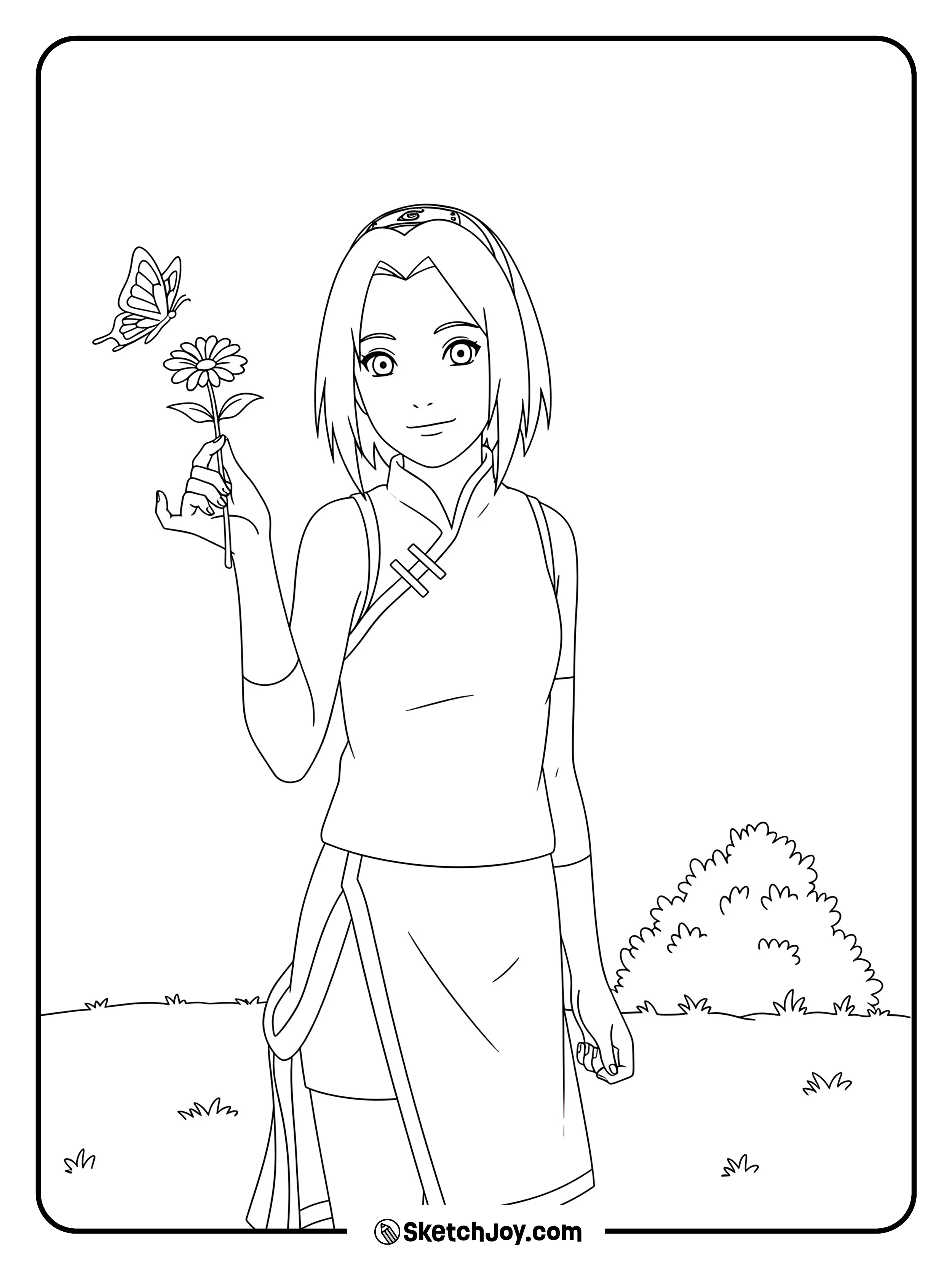 Sakura Haruno stands calmly, gently holding a flower in one hand.