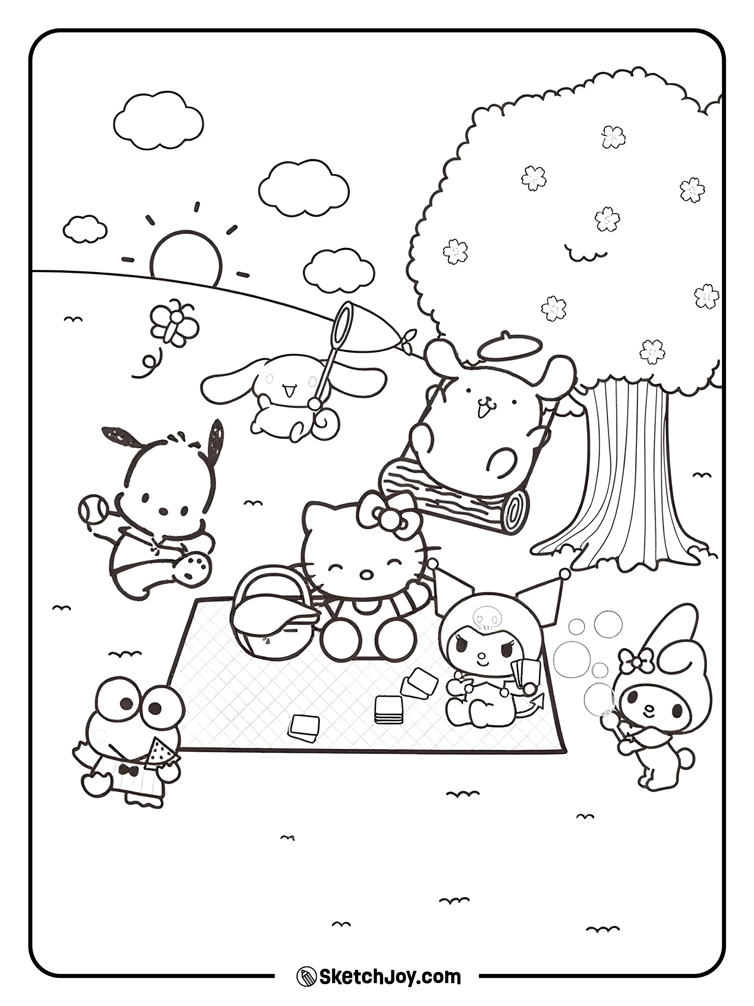 Hello Kitty is spending a cheerful day with all her Sanrio friends