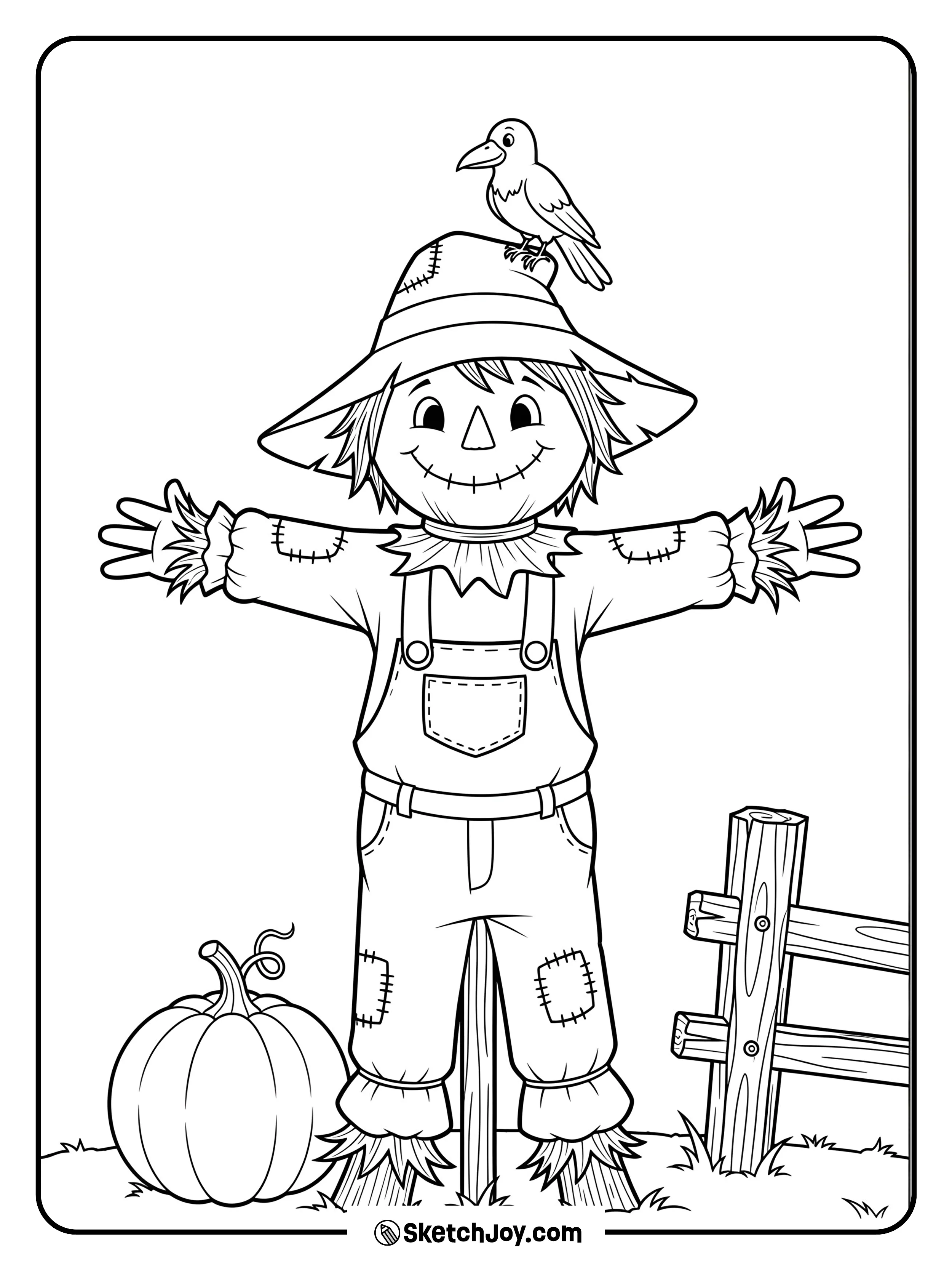 A smiling scarecrow stands with outstretched arms beside a pumpkin.
