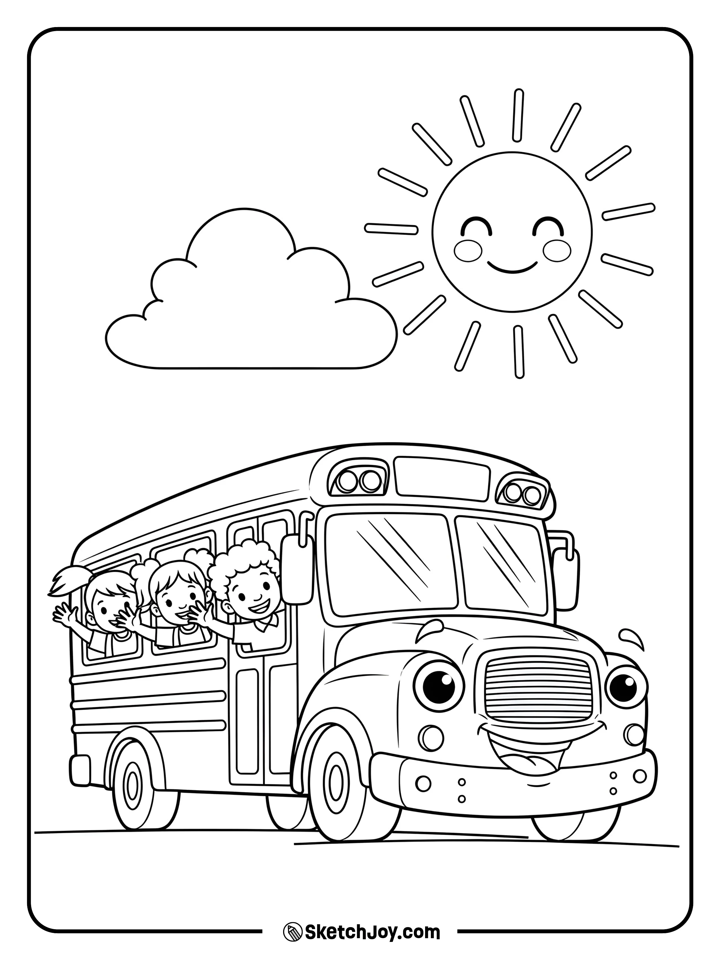 A big friendly school bus with kids waving from the windows.