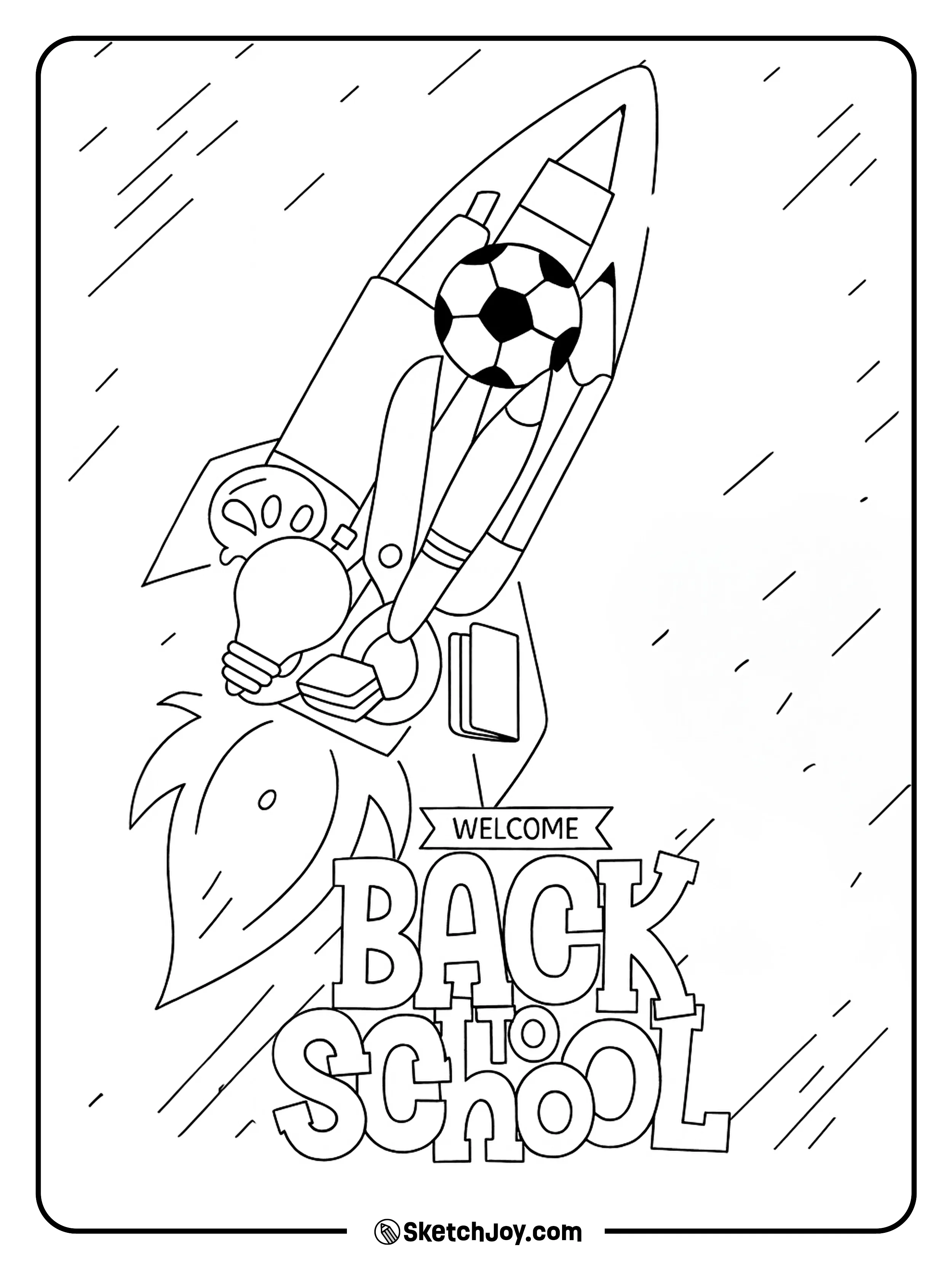 A fun and imaginative rocket built from school items like pencils, scissors, books, and a soccer ball.