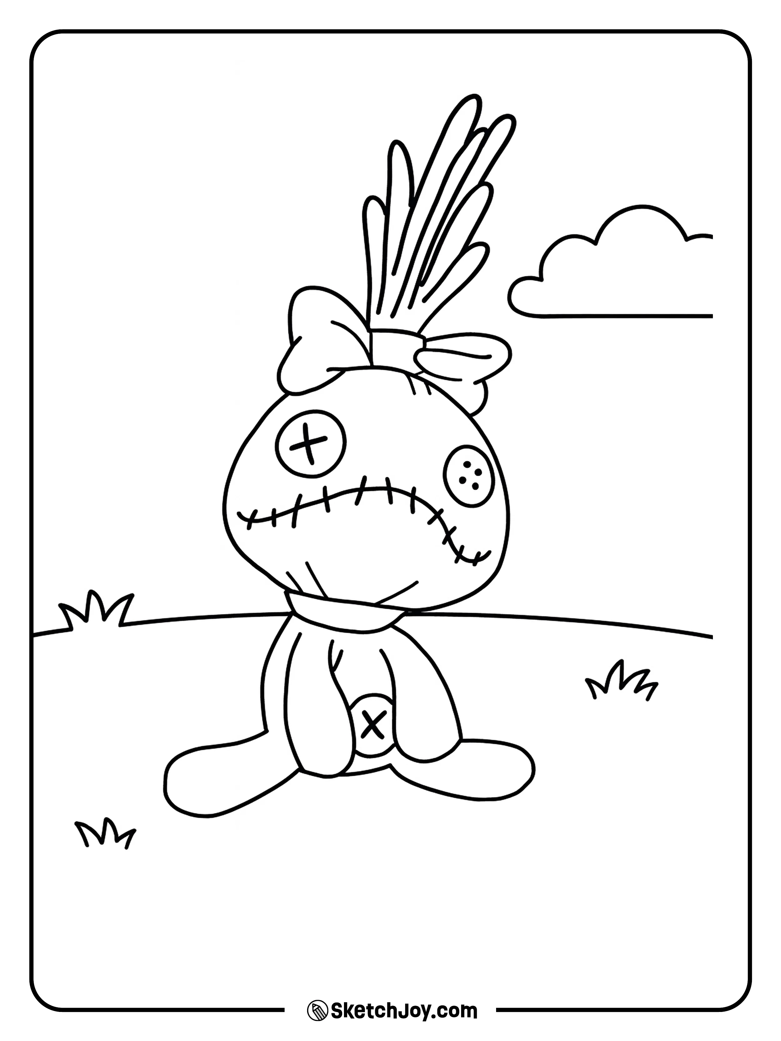 Scrump sitting quietly on a grassy hill under a clear sky.