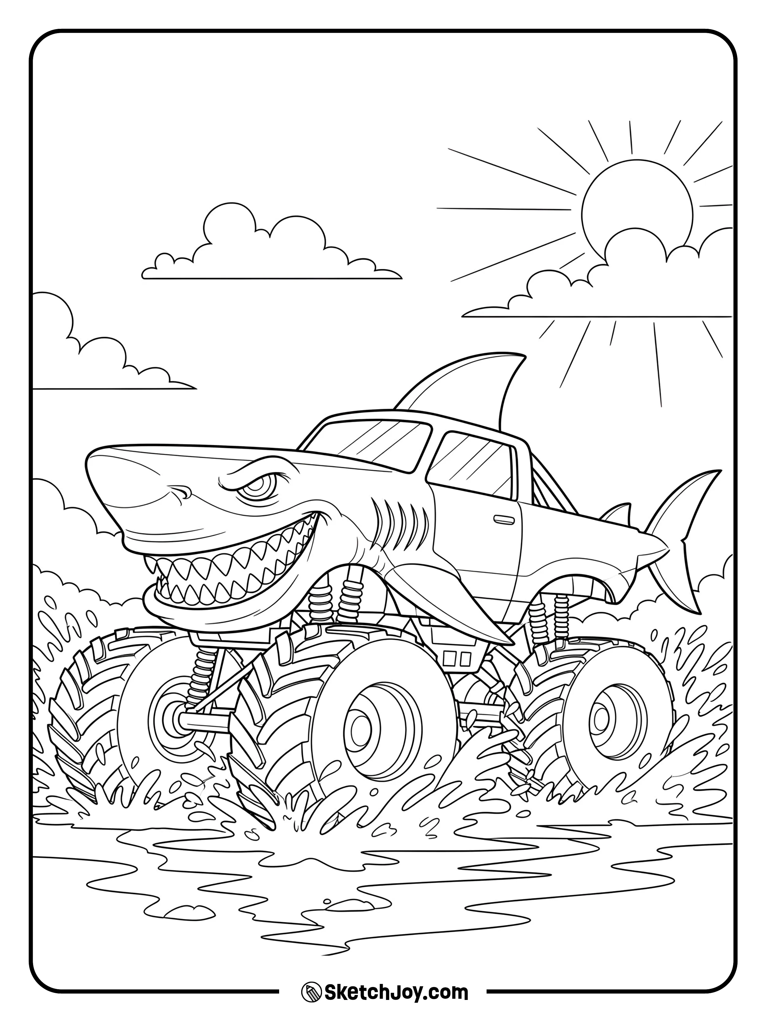 A shark-themed monster truck racing through water.