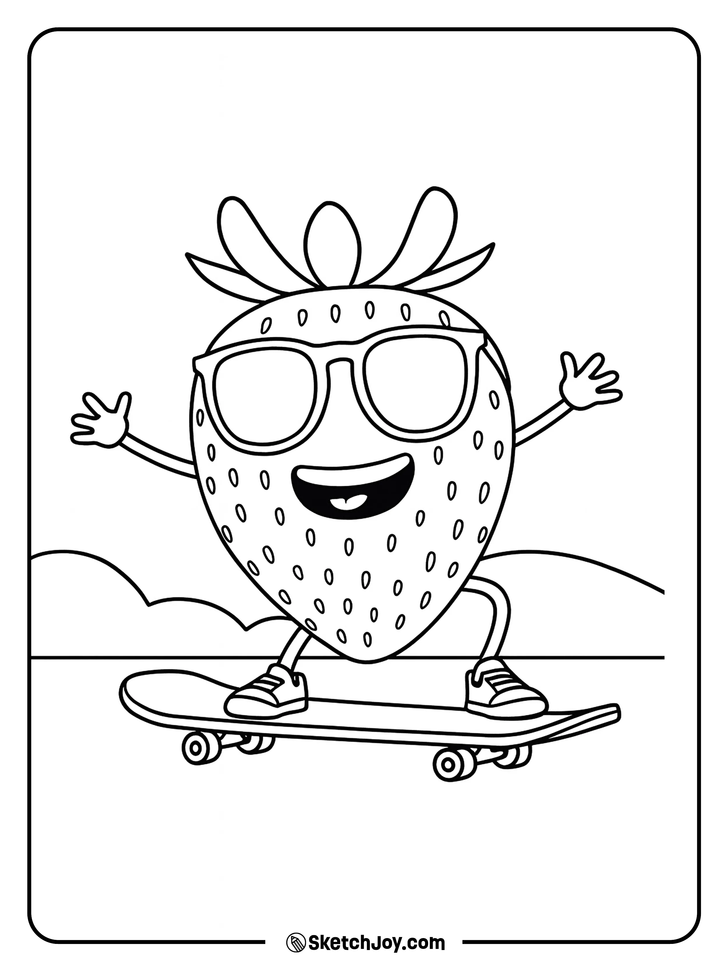 A fun-loving strawberry character wearing big sunglasses and sneakers is riding a skateboard.