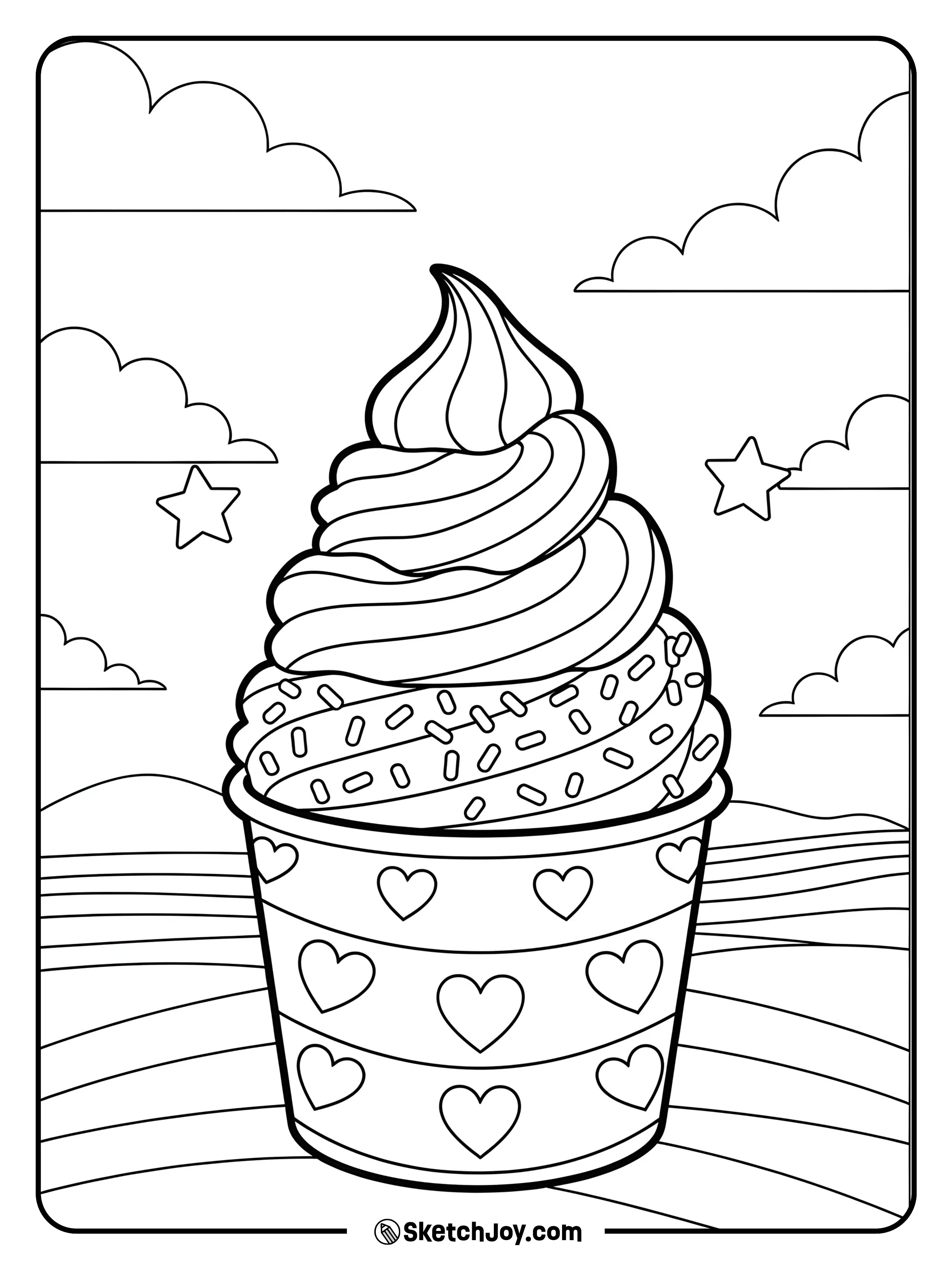 A big swirl of soft-serve ice cream in a cup with cute patterns.