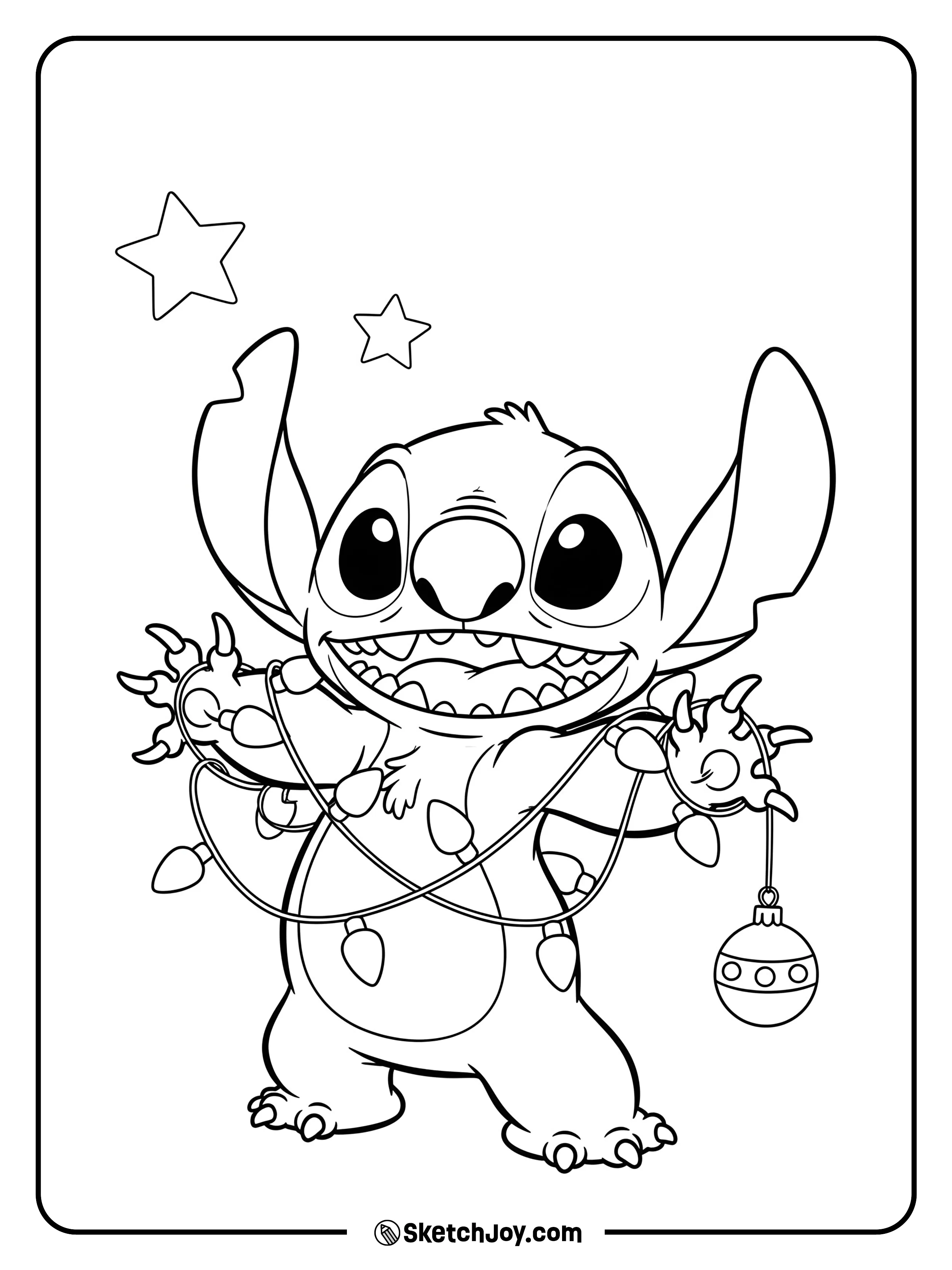 Stitch smiles while a short string of lights wraps his arms.