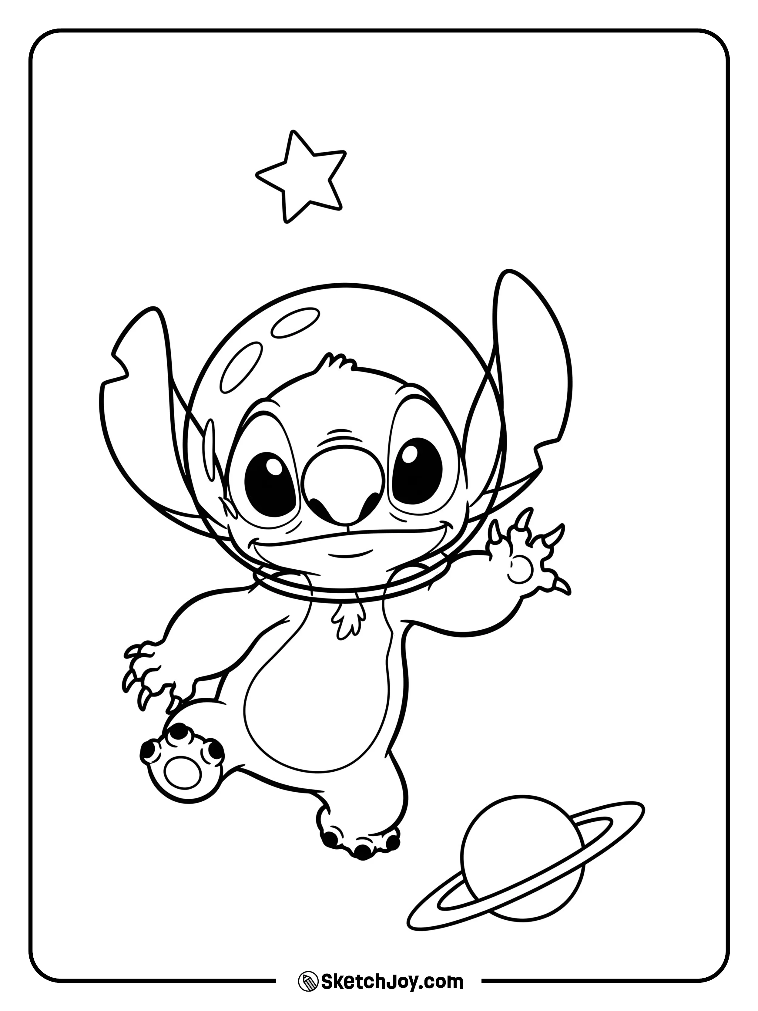 Stitch floats in a simple round helmet, one paw up.