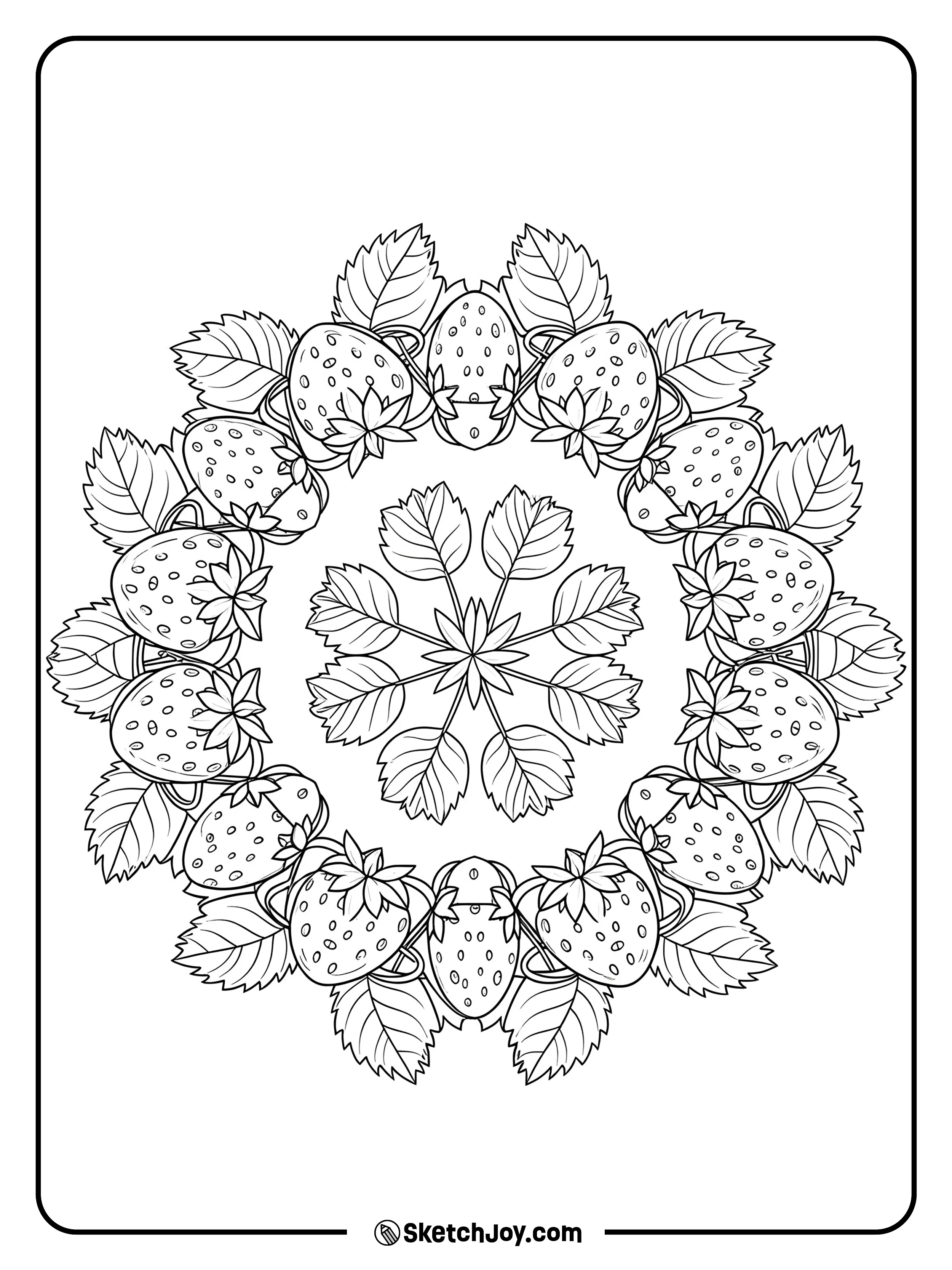A radial mandala design made of strawberries and strawberry leaves