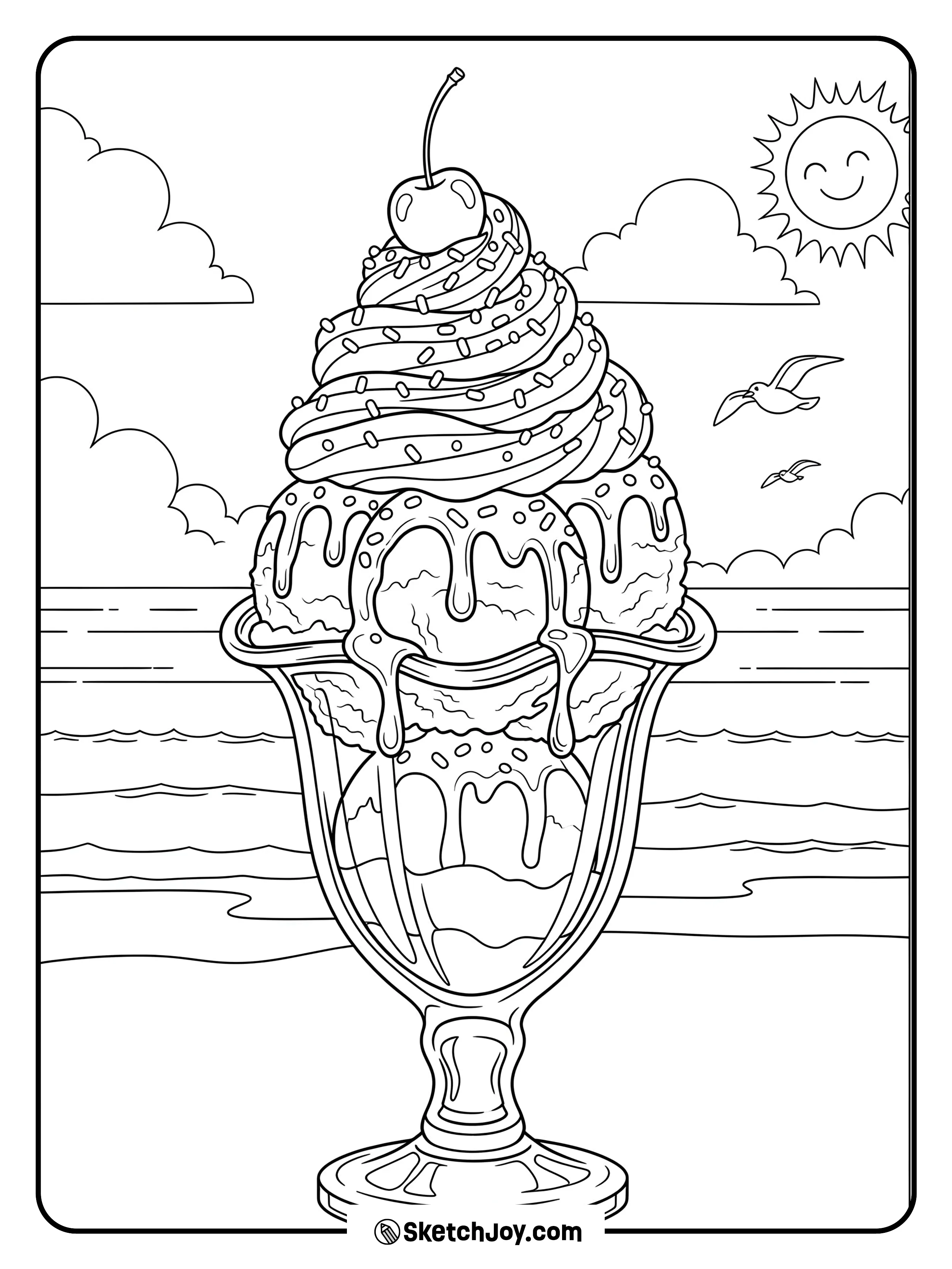 A tall sundae glass filled with scoops of ice cream, whipped cream.