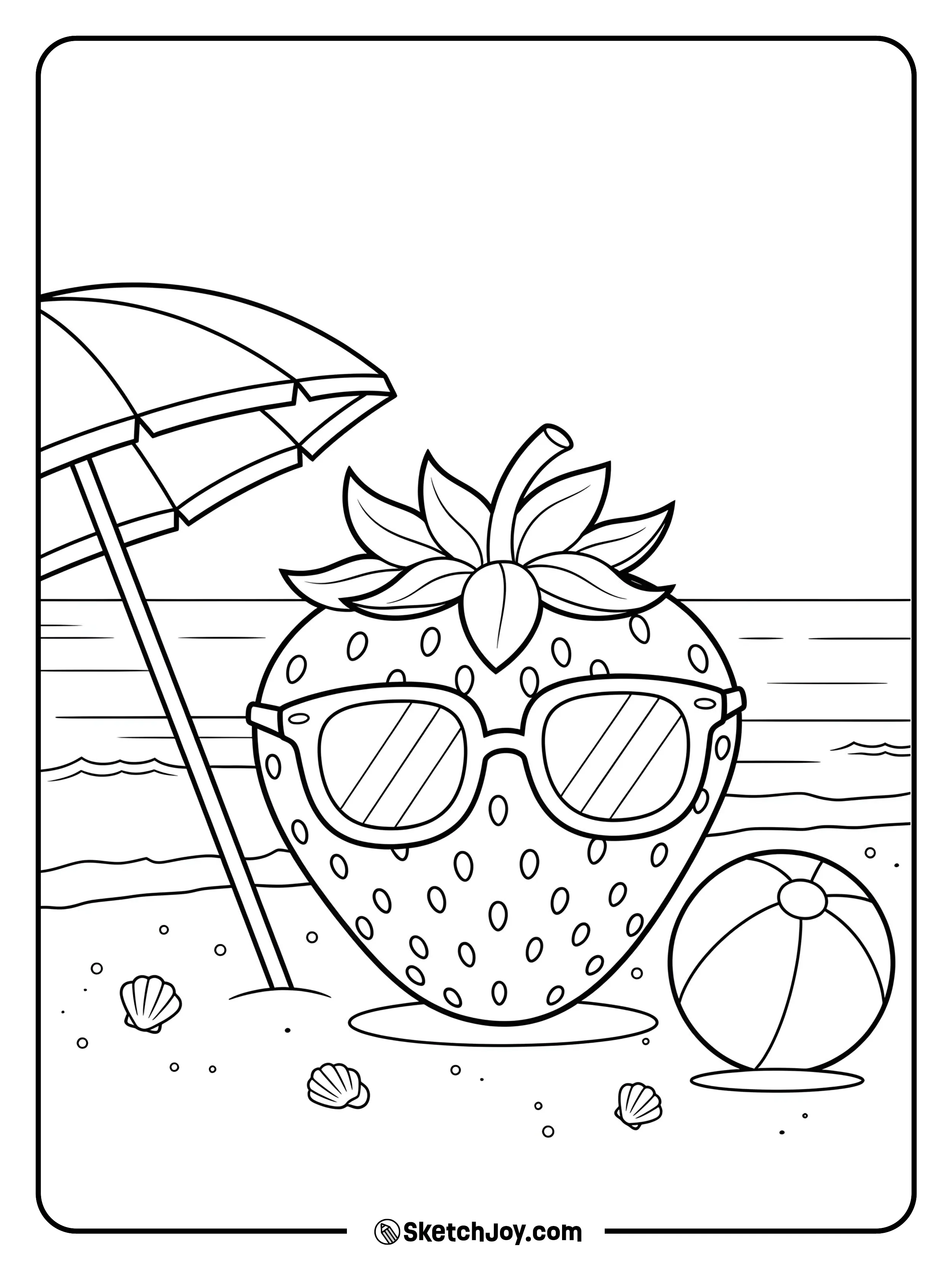A big strawberry relaxes on the sand with a beach ball and umbrella.