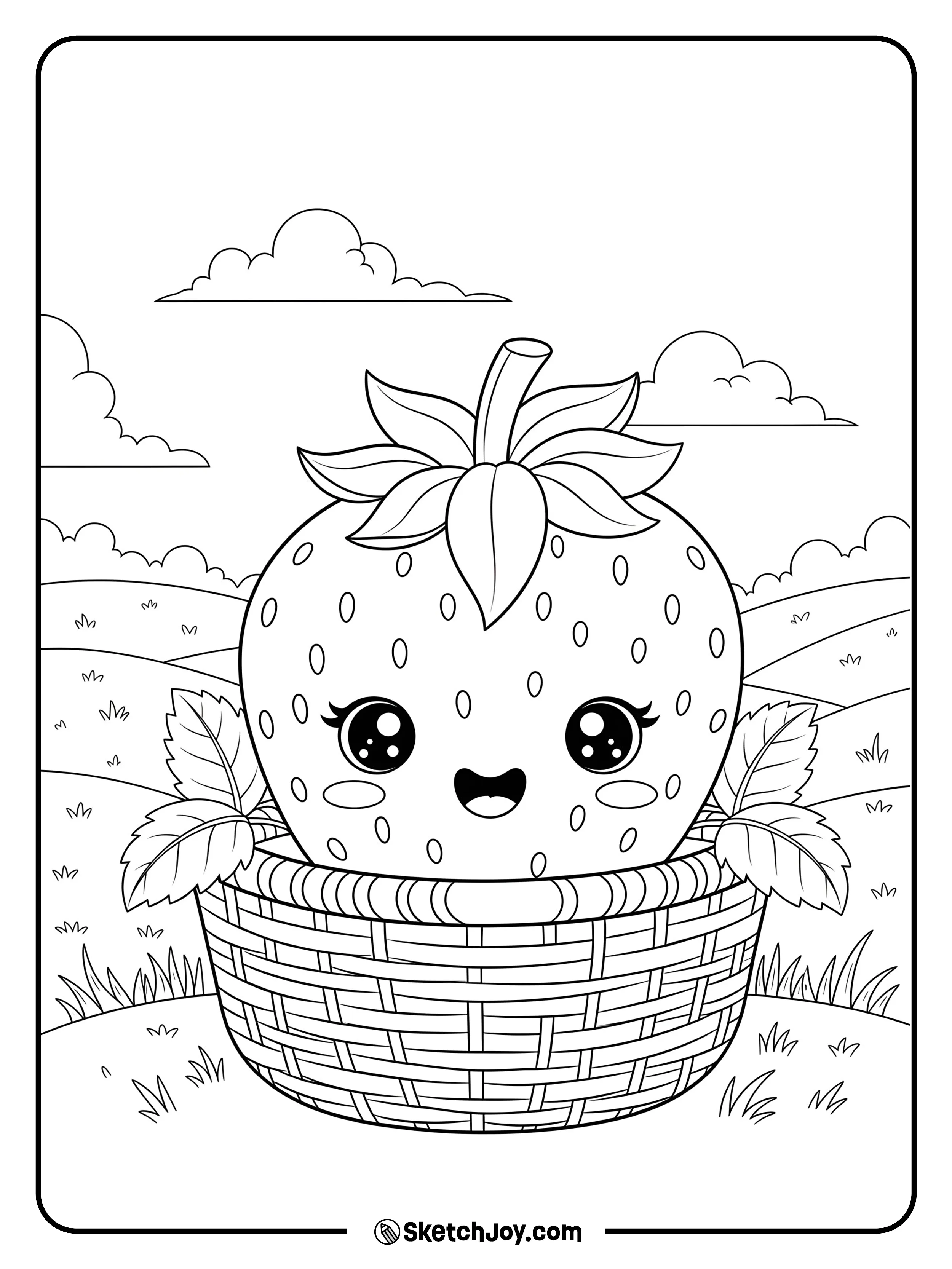 A giant strawberry with a cute face snuggles inside a picnic basket