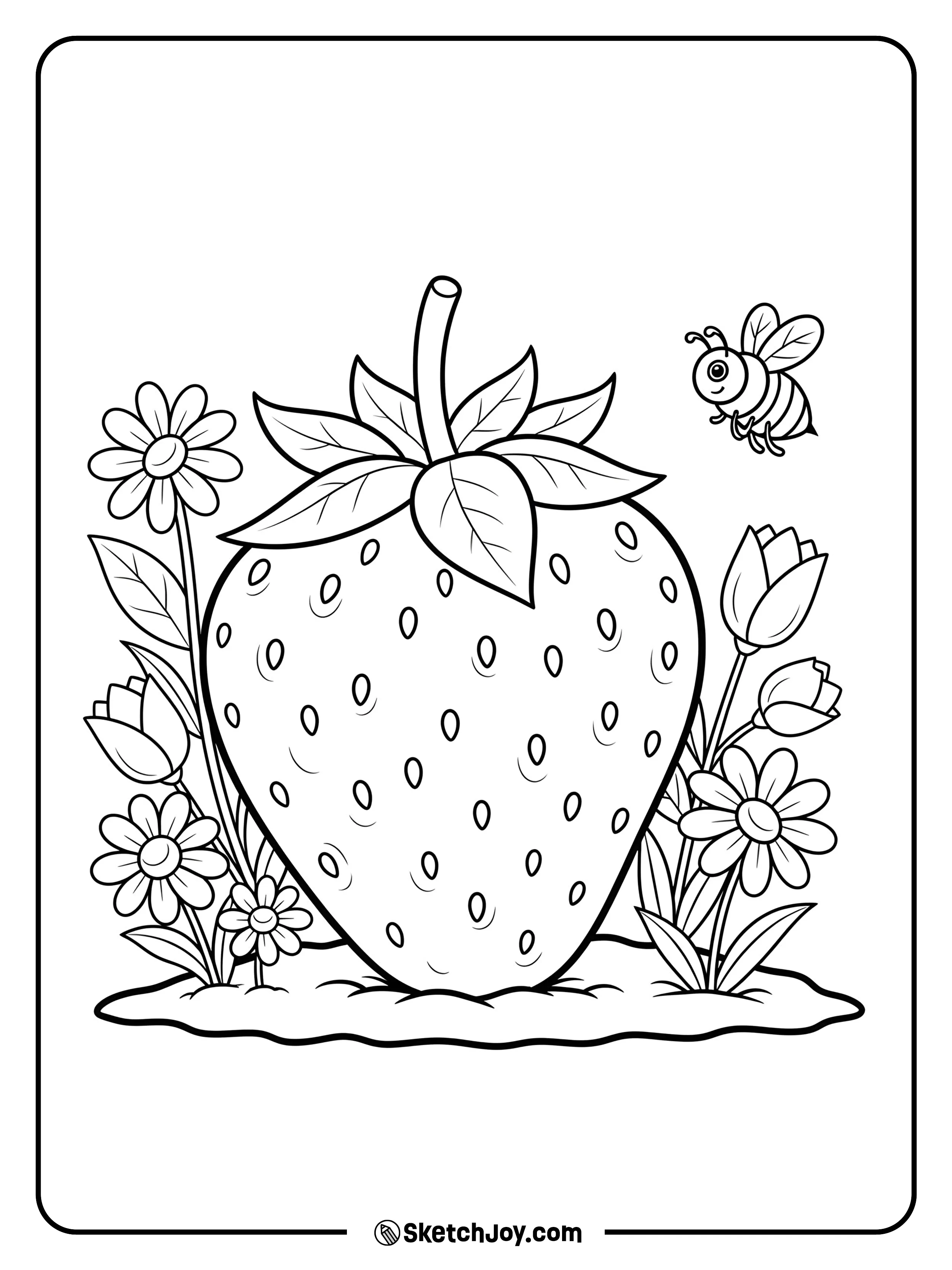 A giant strawberry grows in a small garden with simple flowers
