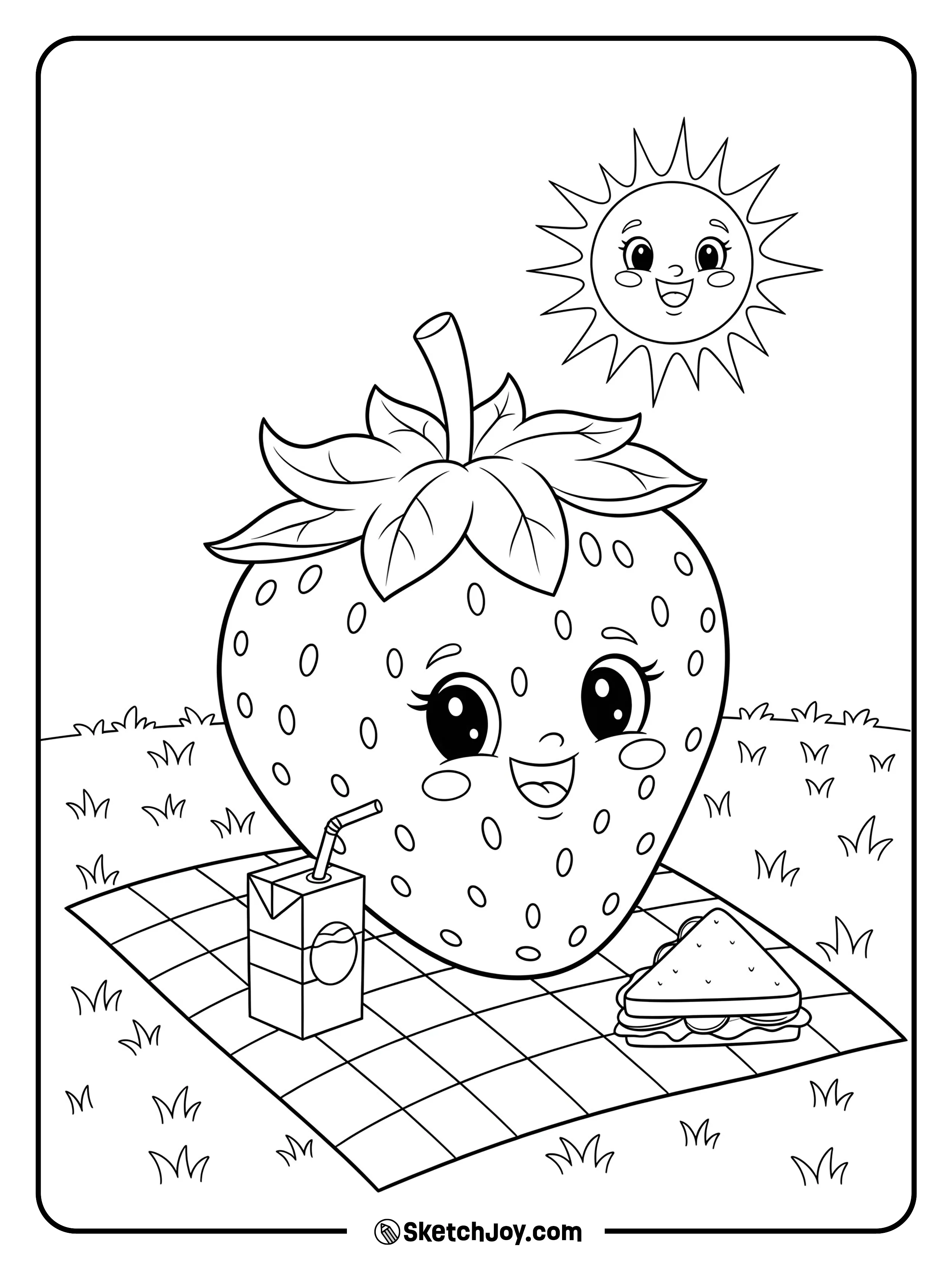 A big juicy strawberry sits on a picnic blanket under the sun