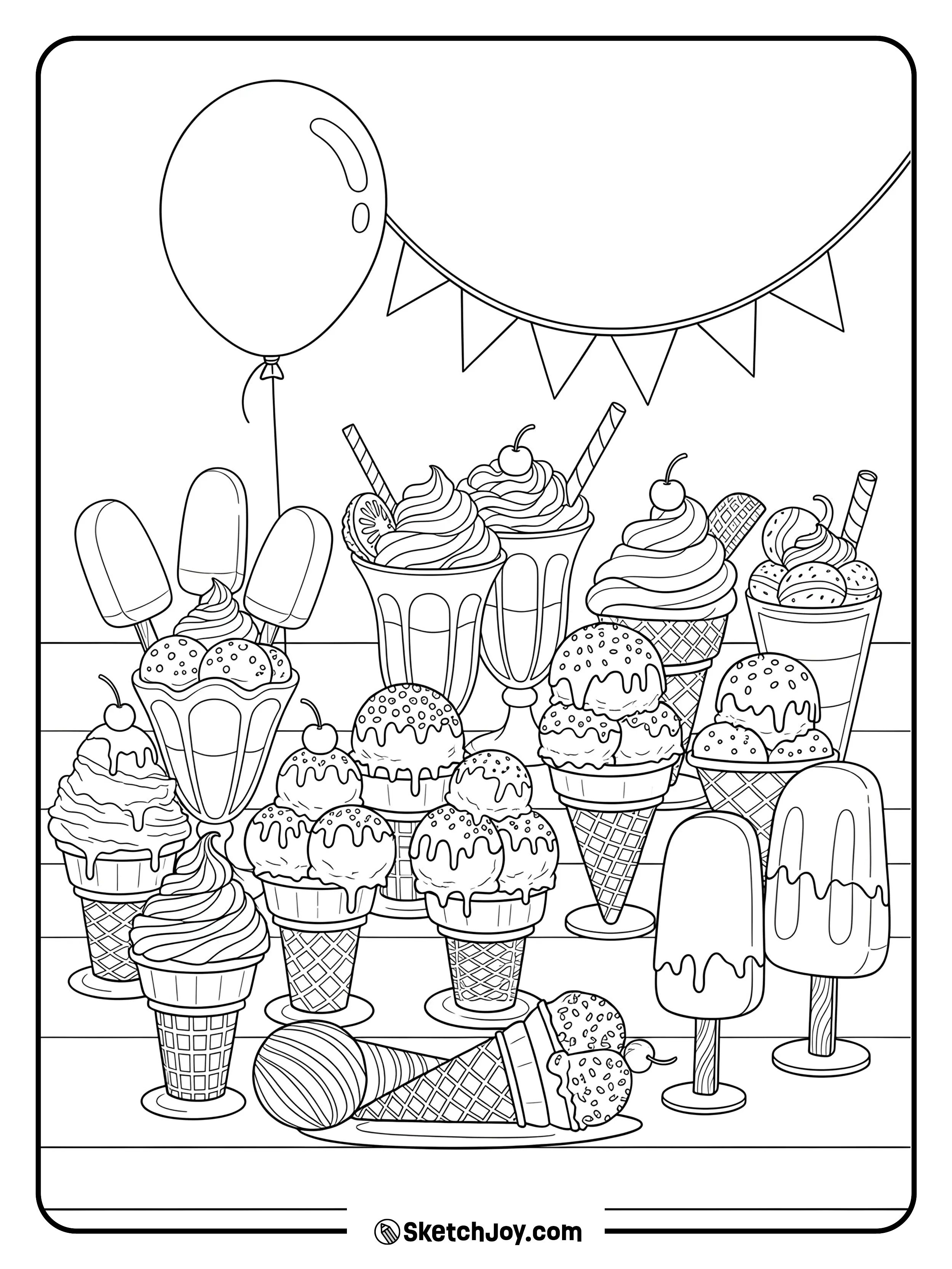 A table filled with different ice creams (cones, sundaes, bars) at a summer fair.