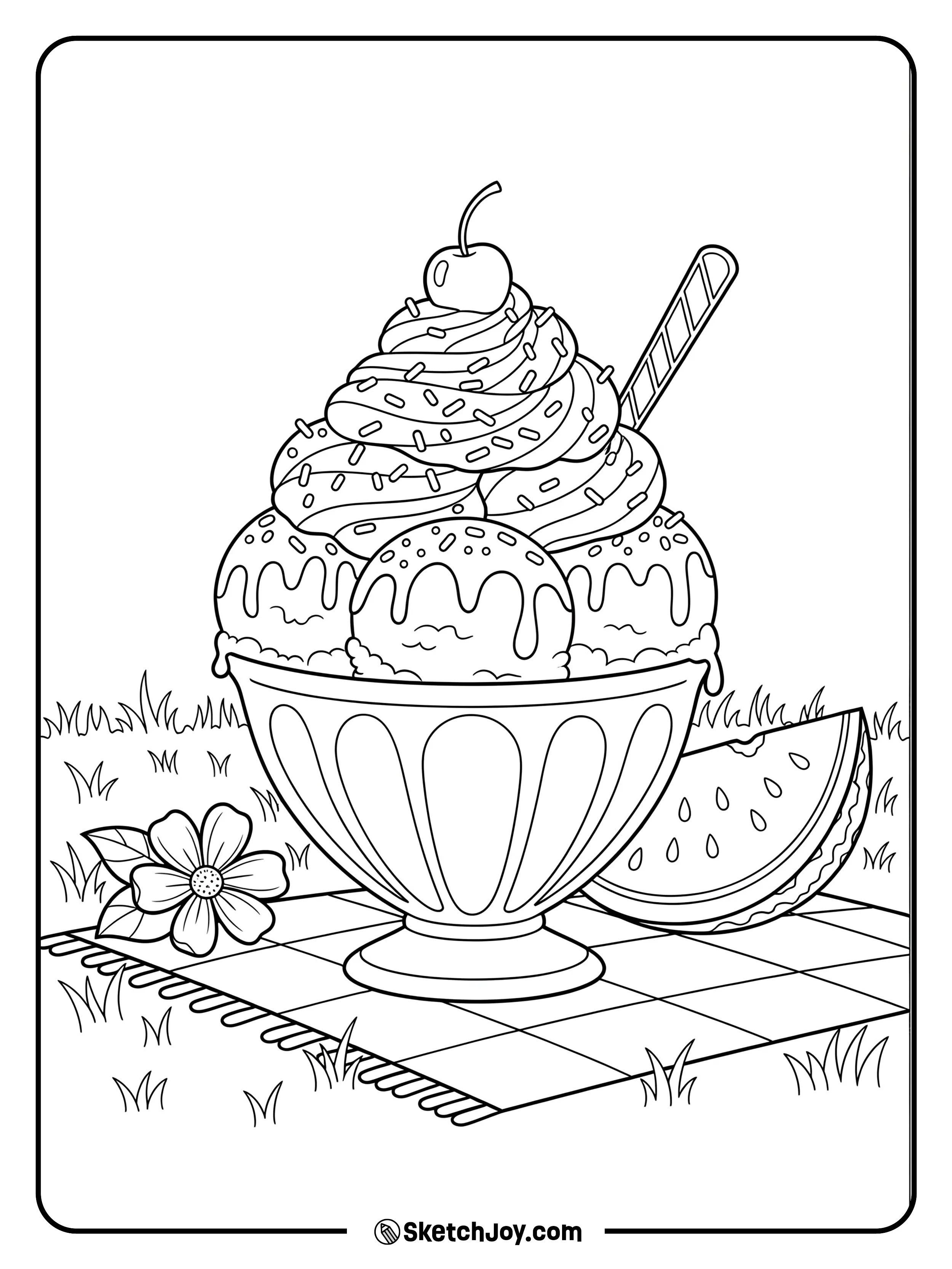A giant ice cream sundae placed on a picnic mat with a single watermelon slice.