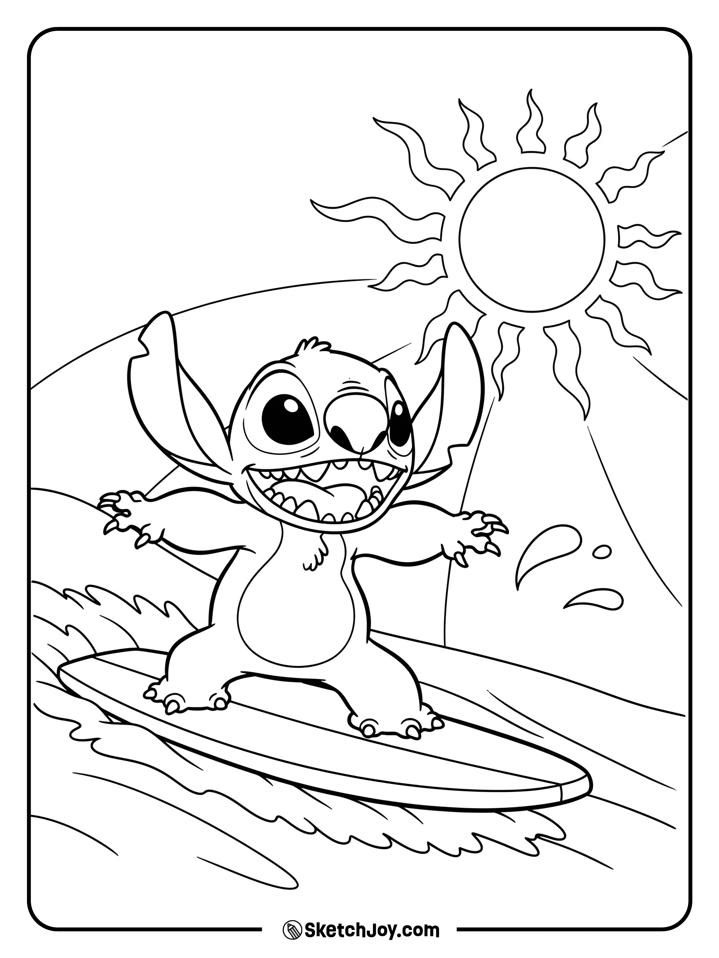 Stitch is surfing in a summer and beach scene
