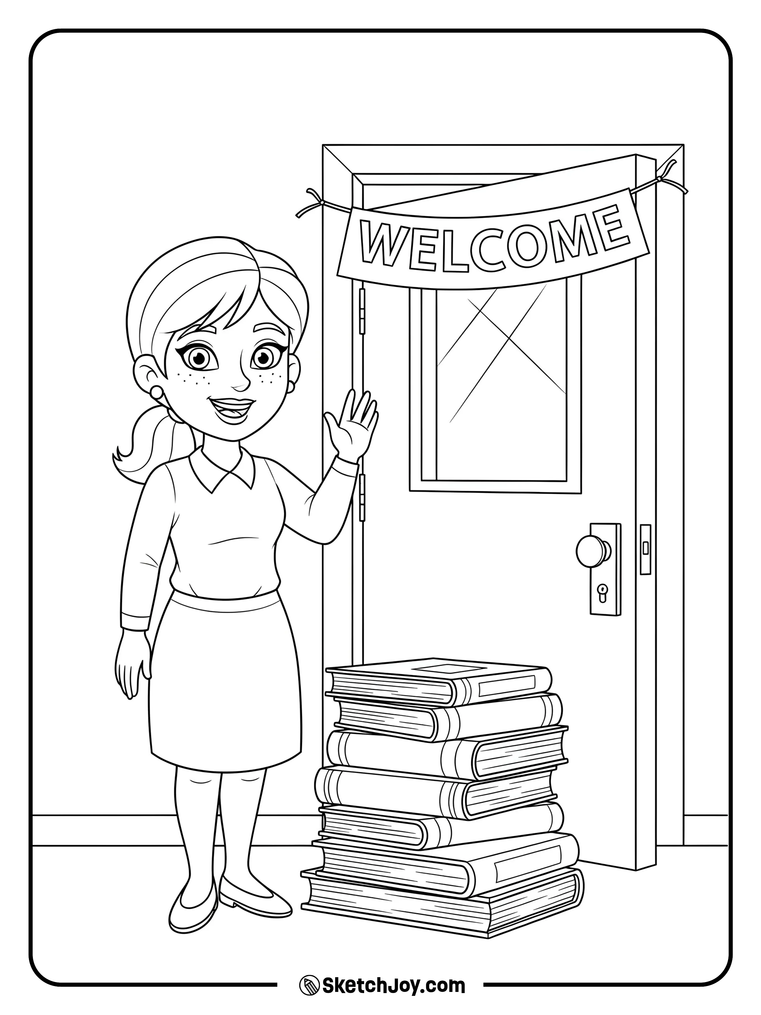 A smiling teacher waving hello to the students on the first day.