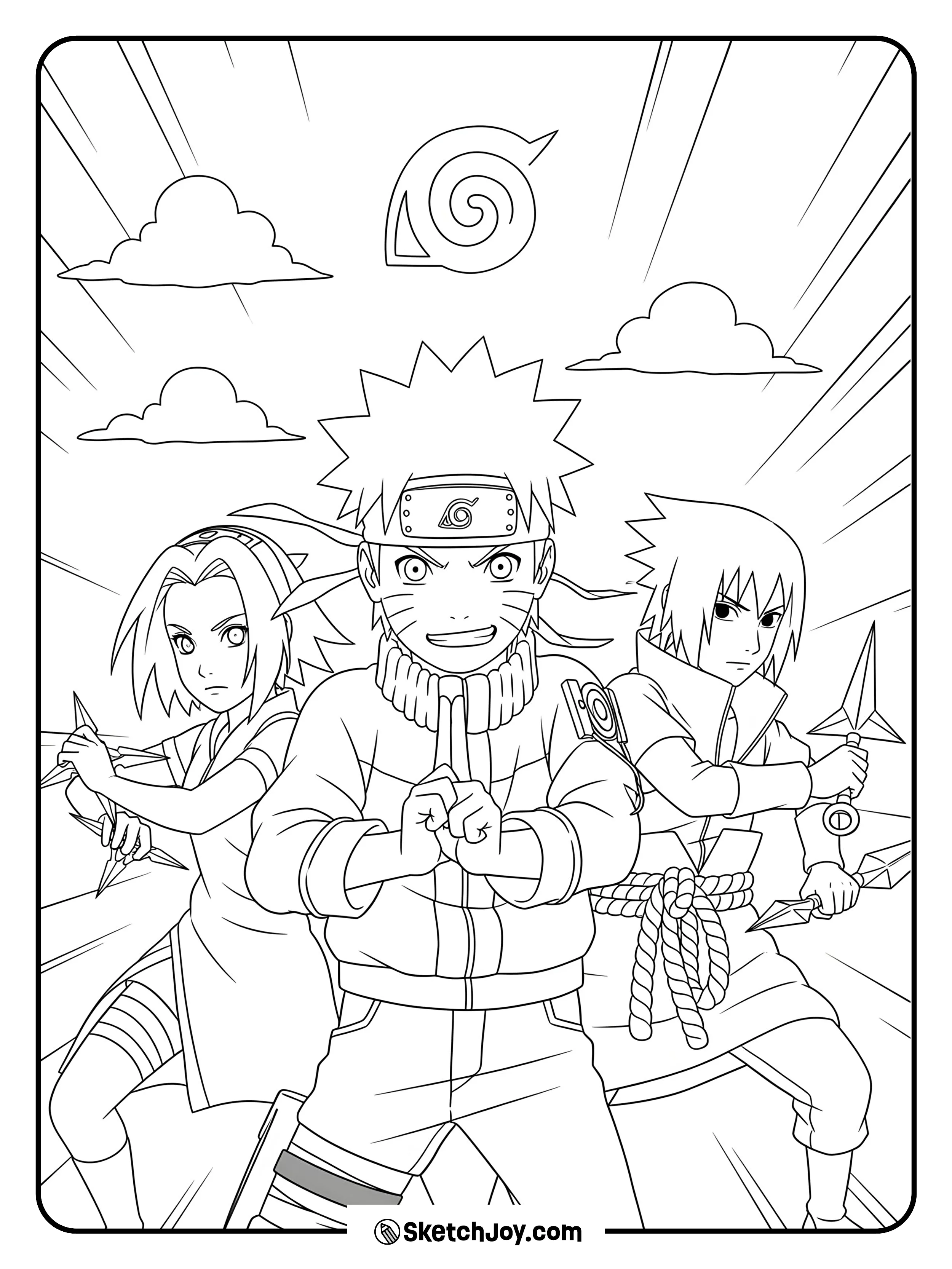 Naruto, Sakura, and Sasuke are ready for action in their signature poses.