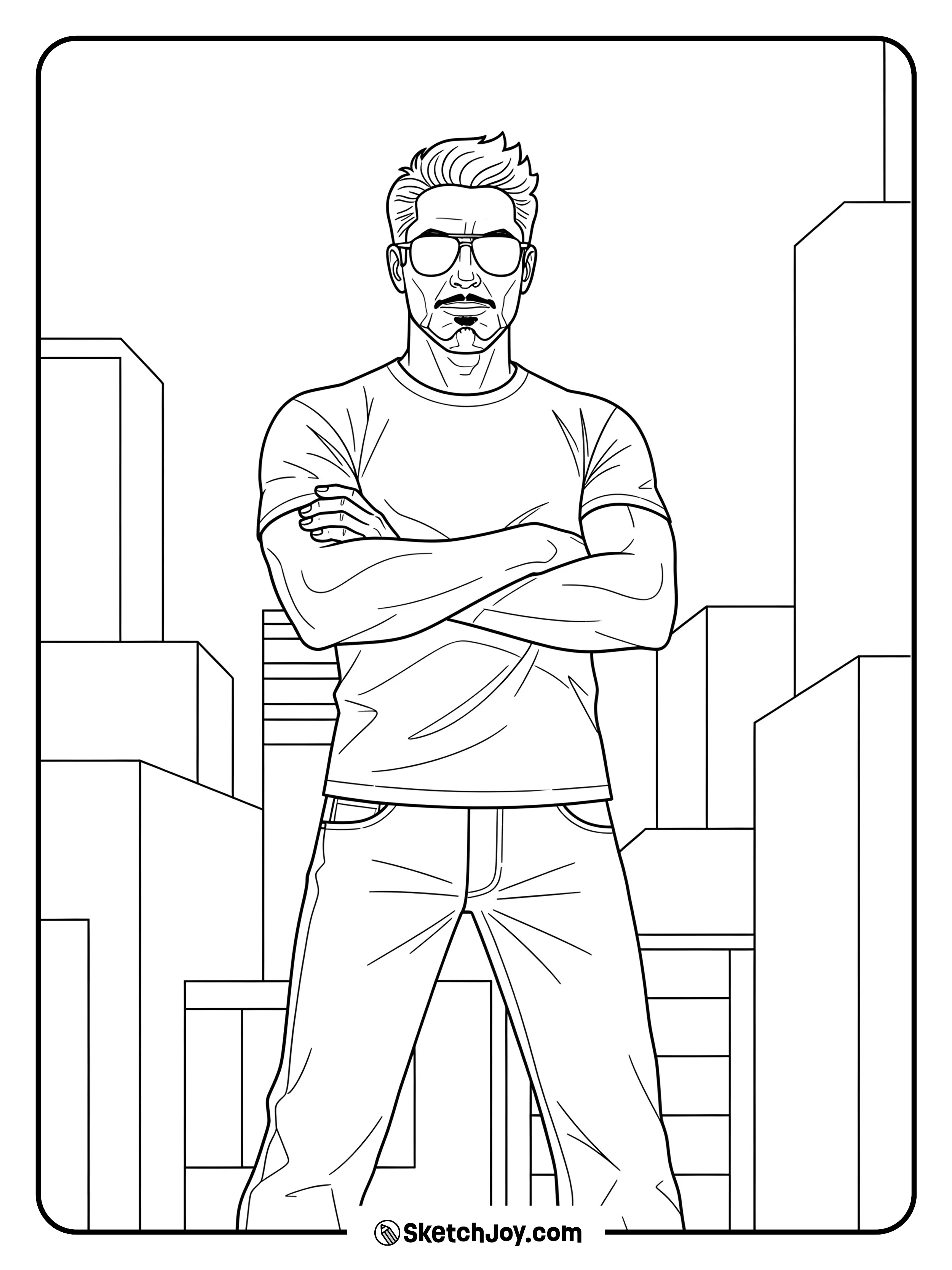 Tony Stark in casual clothes with sunglasses, arms crossed.